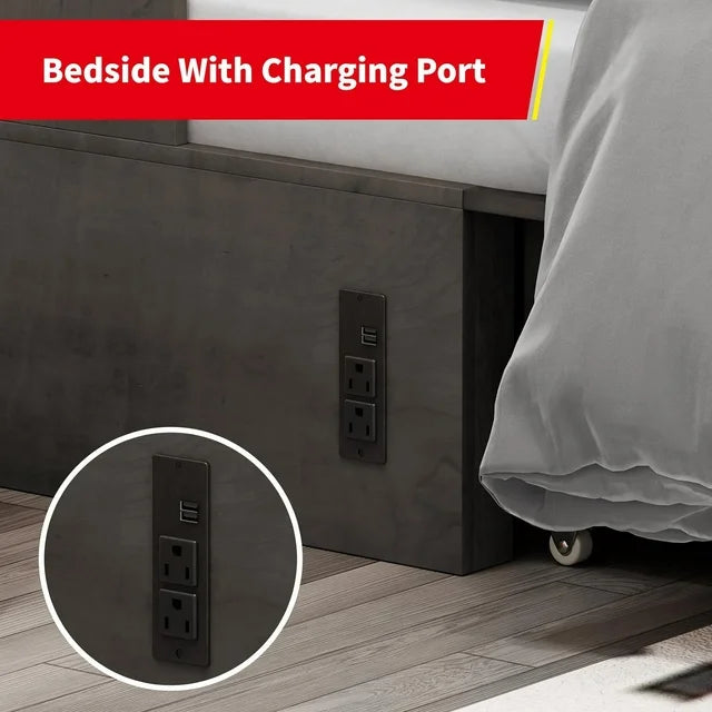 PUREMIND Murphy Bed Cabinet with Built-in Charging Station and Storage Drawer, Solid Wood Cabinet Bed Queen Size with Mattress, Murphy Cube Chest Bed for Guest Room, Home, Office(Style 3/Gray)