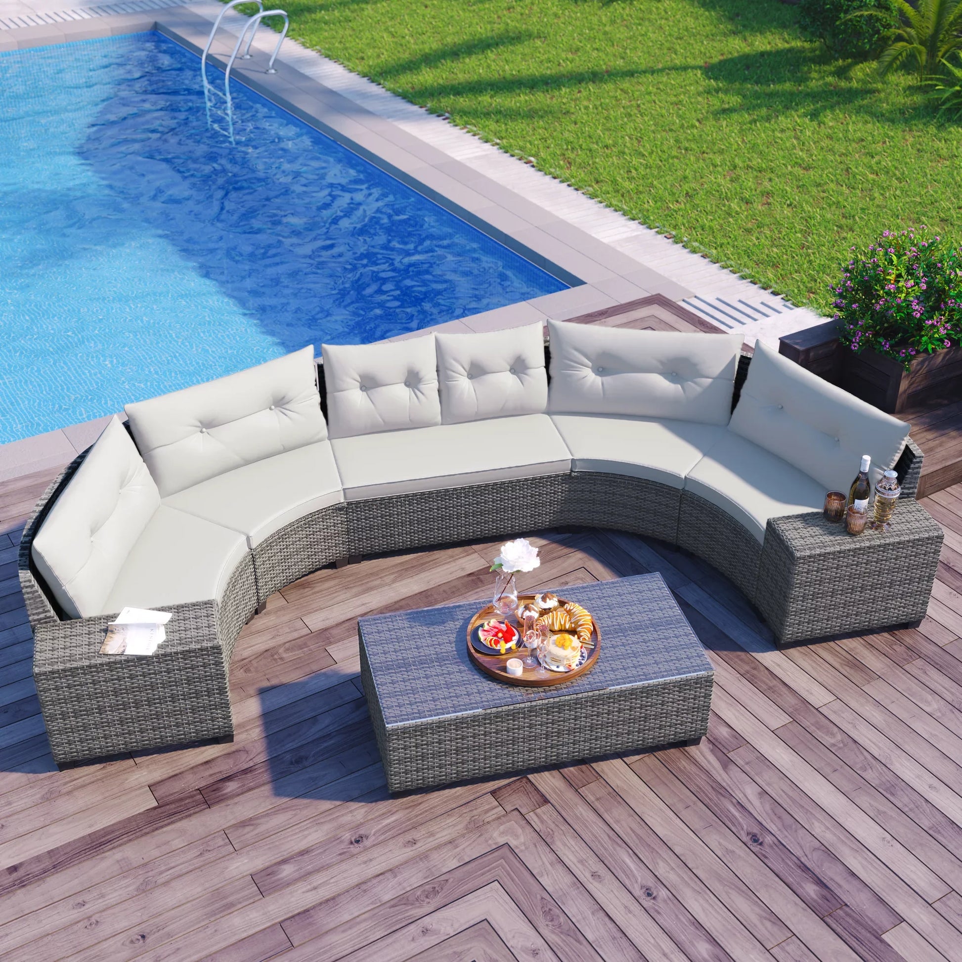 Euroco 8-pieces Outdoor Wicker Sofa Set, Curved Sofa Set With Glass Coffee Table, Half-Moon Sectional Sets PE Rattan Water-resistant and UV Protected, Beige