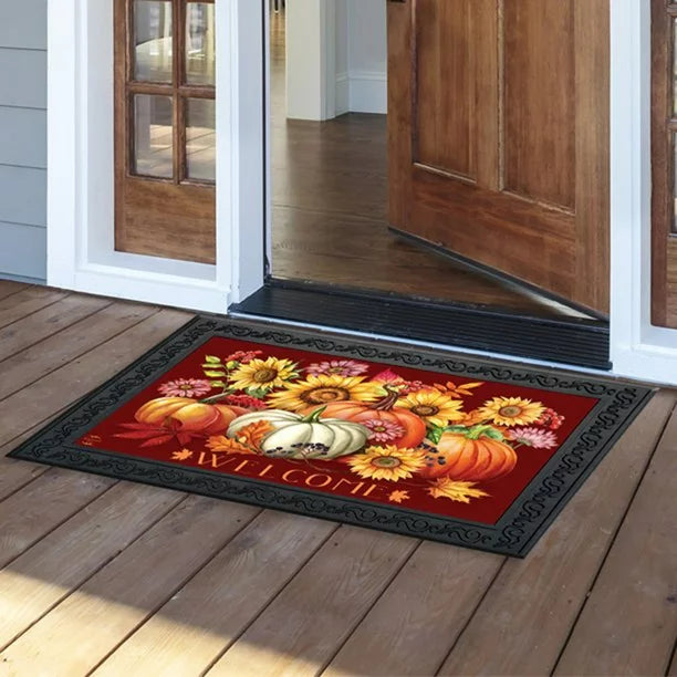 JUNBYONE Autumn Beauty Flower Doormat Pumpkin Indoor/outdoor Welcome Mat Front Door Entrance Anti-skid Rubber Doormat
