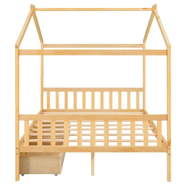 EUROCO Full Size House Platform Bed with Two Drawers for Kids, Natural