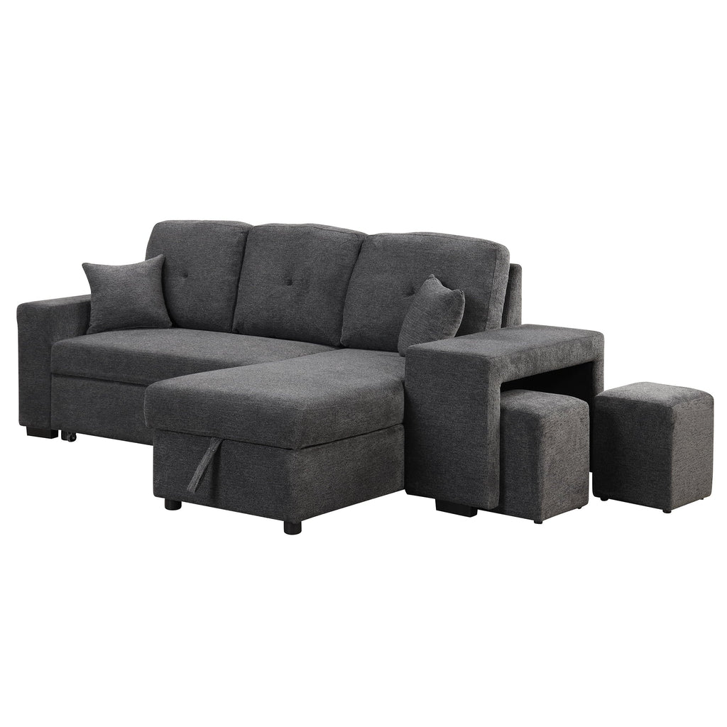 Euroco L-Shaped Sectional Sofa Bed with Side Shelf and 2 Stools, Reversible Sleeper Pull-Out Sofa Bed for Living Room, Dark Gray