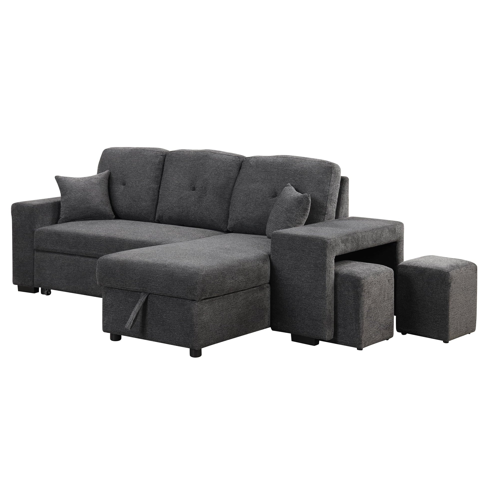 Euroco L-Shaped Sectional Sofa Bed with Side Shelf and 2 Stools, Reversible Sleeper Pull-Out Sofa Bed for Living Room, Dark Gray