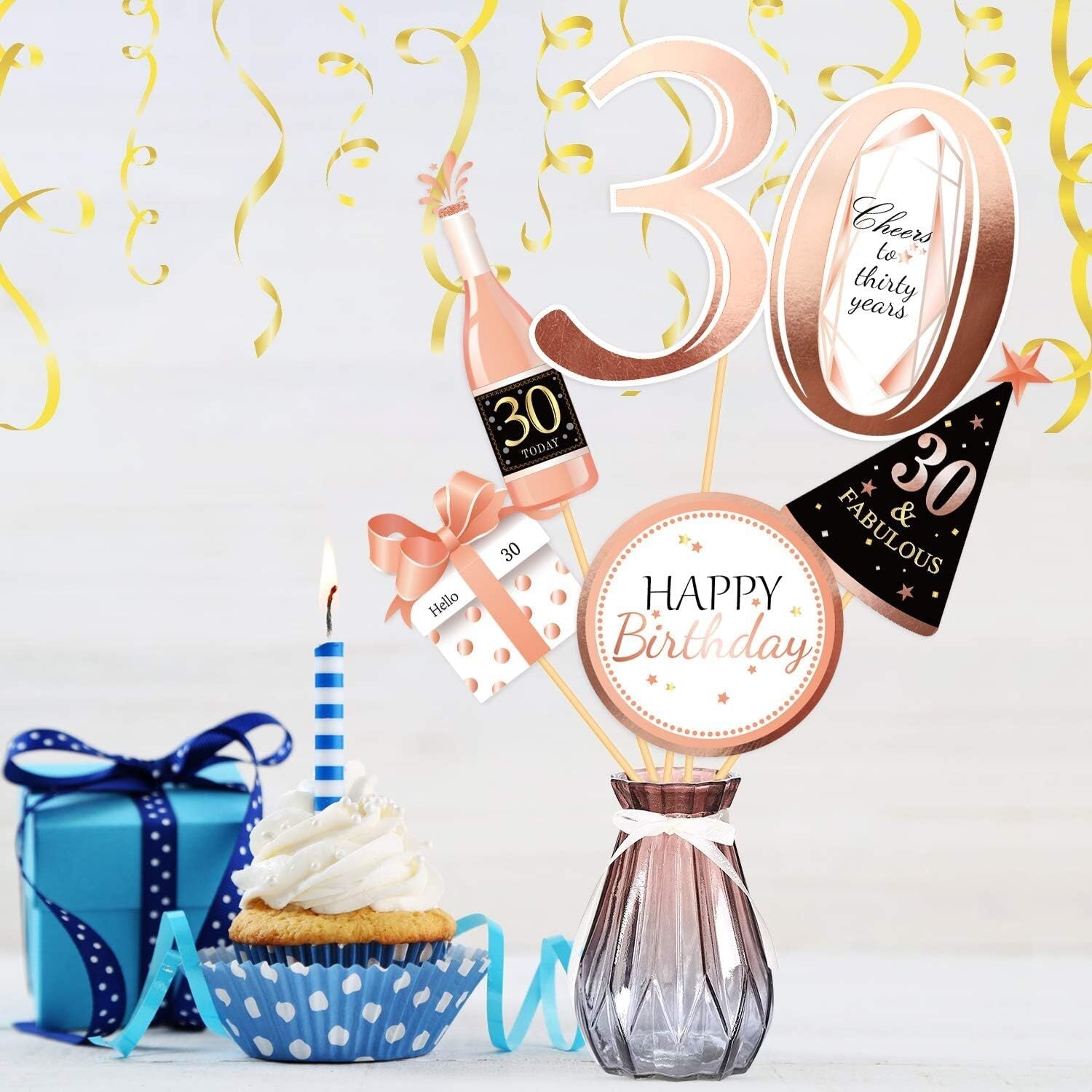 Konsait Rose Gold 30th Birthday Centerpiece Sticks, 30th Birthday Table Toppers Birthday Party Decorations Accessories, Cheers to 30 Years Birthday Party Favor Supplies