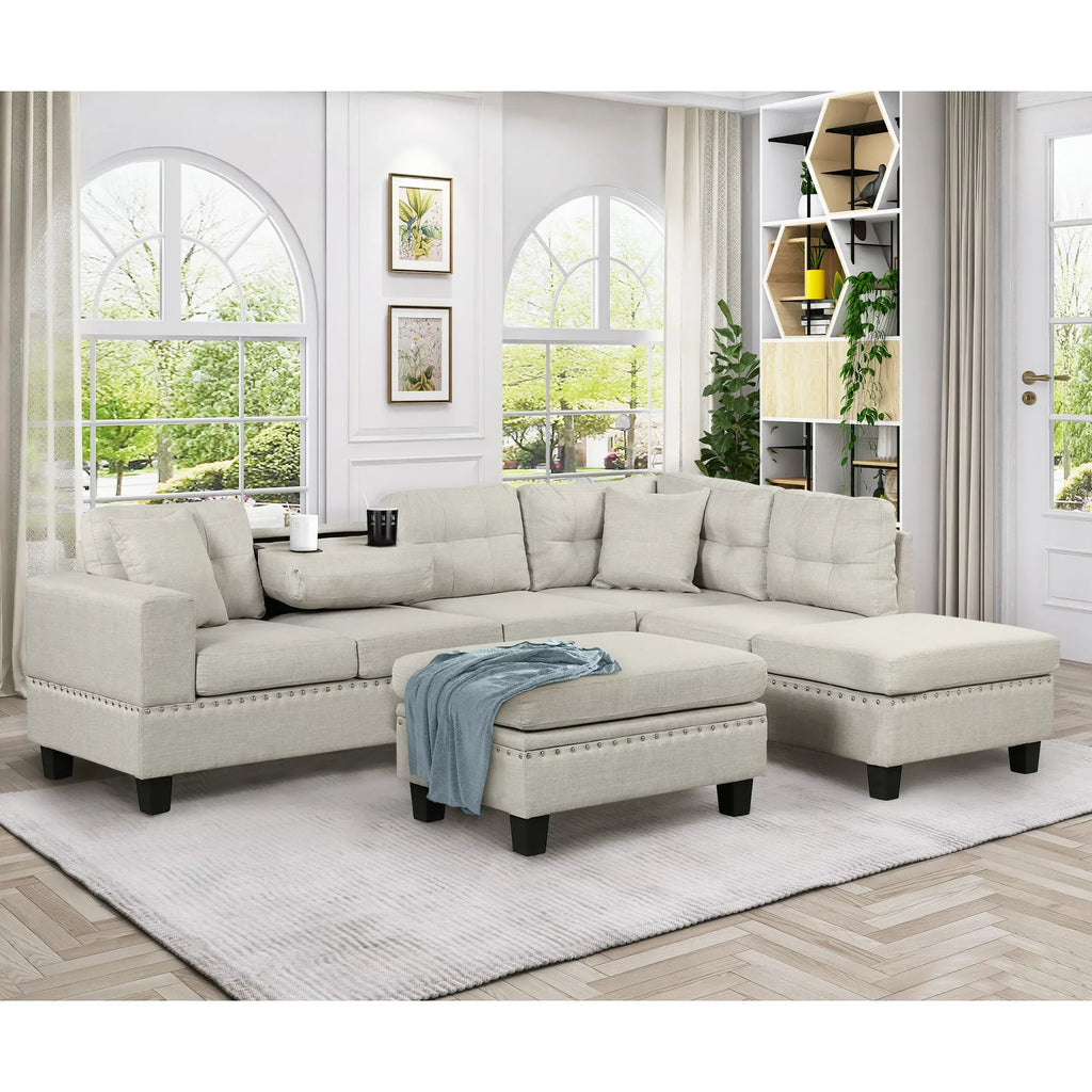 Euroco Modern Sectional Sofa with Storage Ottoman, L-Shape Couch with 2 Pillows and Cup Holder, Sectional Sofa with Reversible Chaise for Living Room, Light Gray, 104.5"