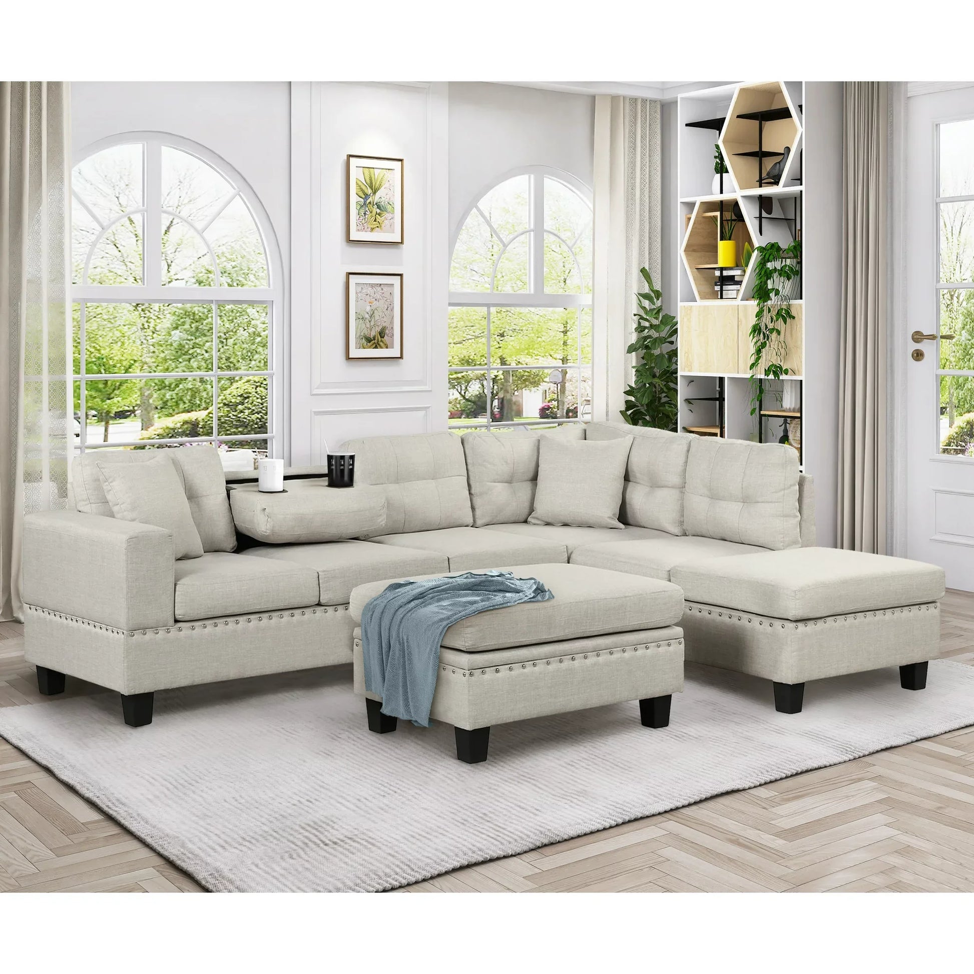 Euroco Modern Sectional Sofa with Storage Ottoman, L-Shape Couch with 2 Pillows and Cup Holder, Sectional Sofa with Reversible Chaise for Living Room, Light Gray, 104.5"