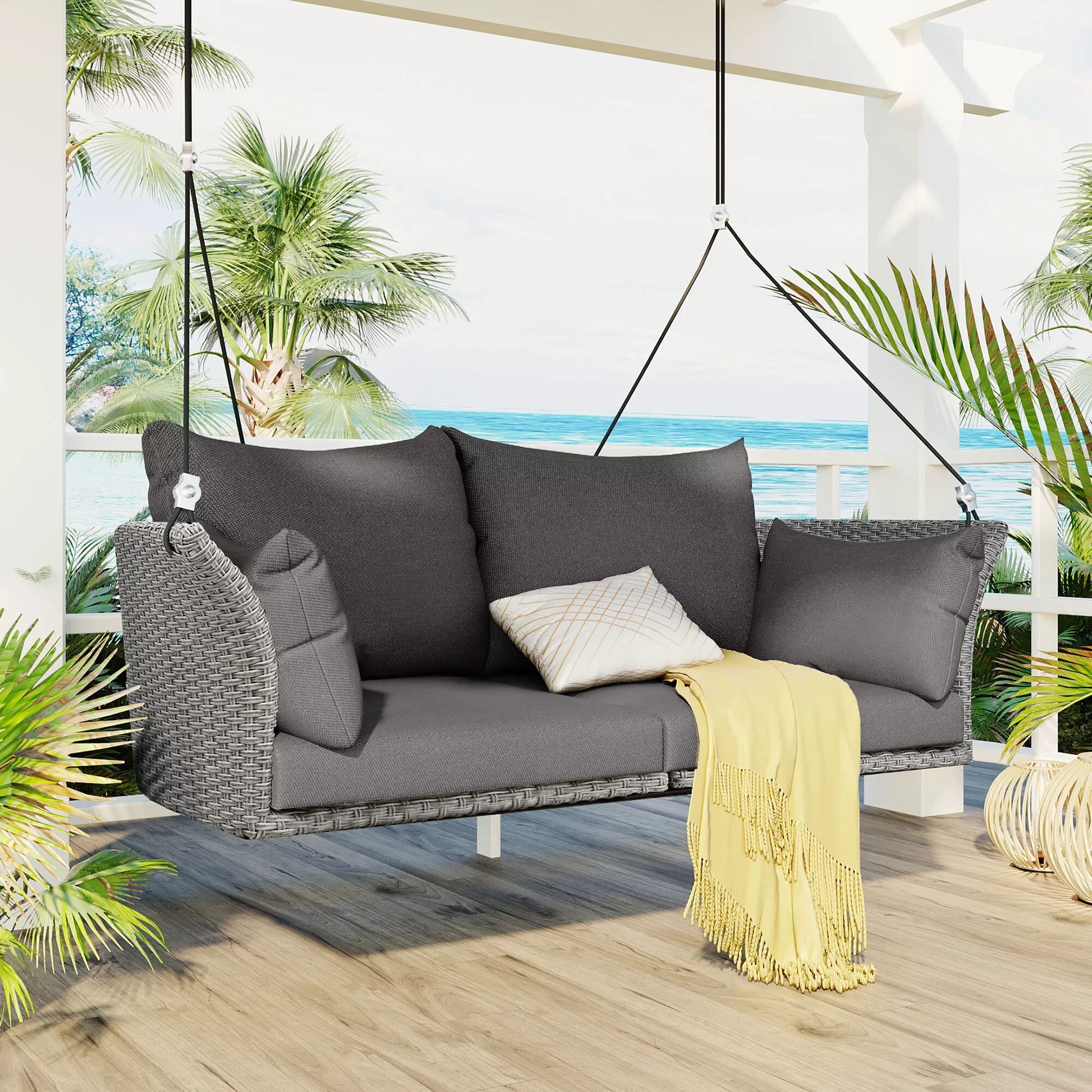 Euroco 2-Person Hanging Seat, Rattan Woven Swing Chair, Porch Swing With Ropes, Gray, 52"