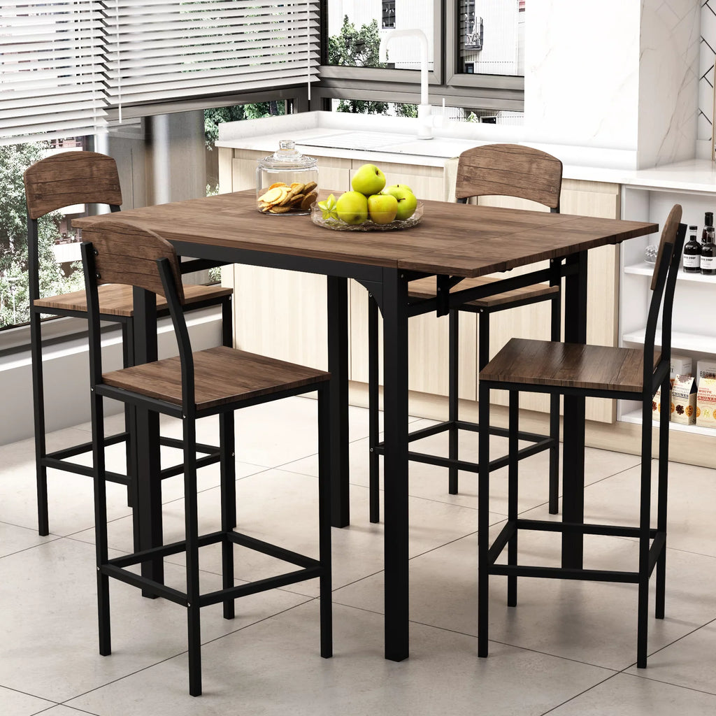 EUROCO 5-piece Farmhouse Counter Height Drop Leaf Dining Table Set, Including Table & 4 Chairs,Black Frame+Brown Tabletop,Set of 5