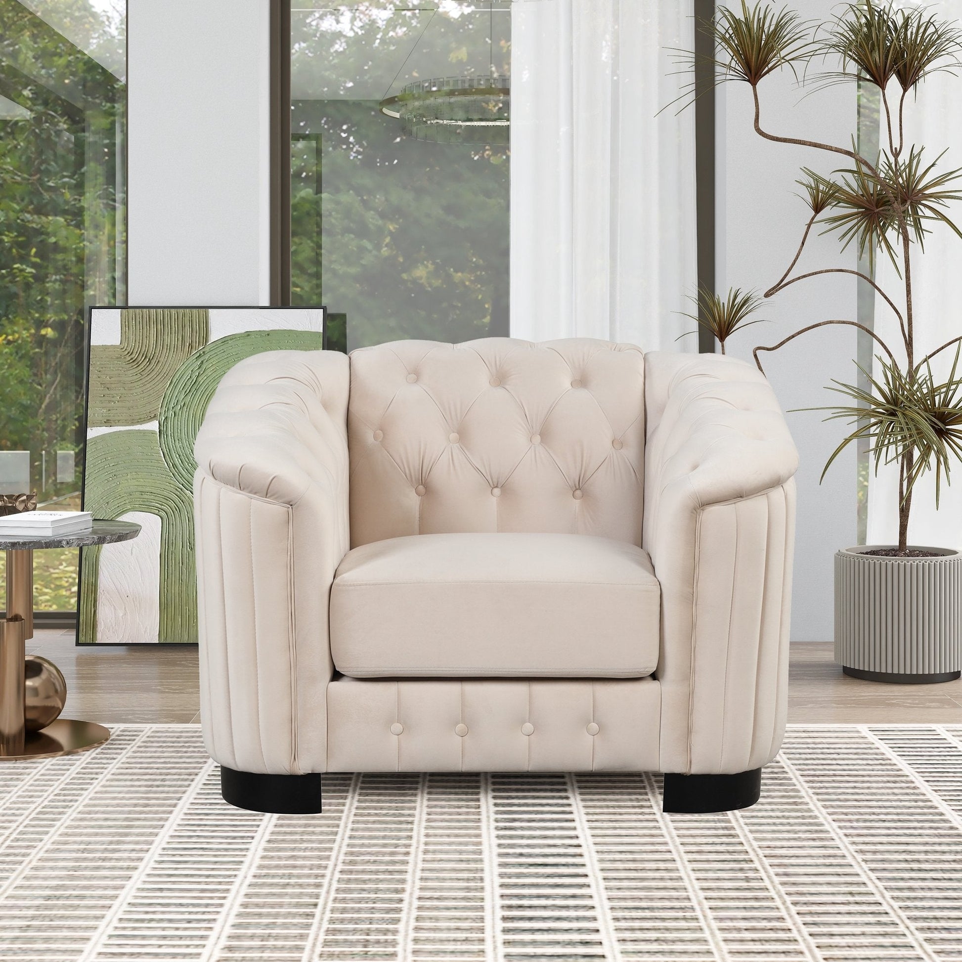 Euroco Modern Single Sofa Chair with Thick Removable Seat Cushion, 41.5" Velvet Upholstered Accent Sofa for Living Room Bedroom, Beige