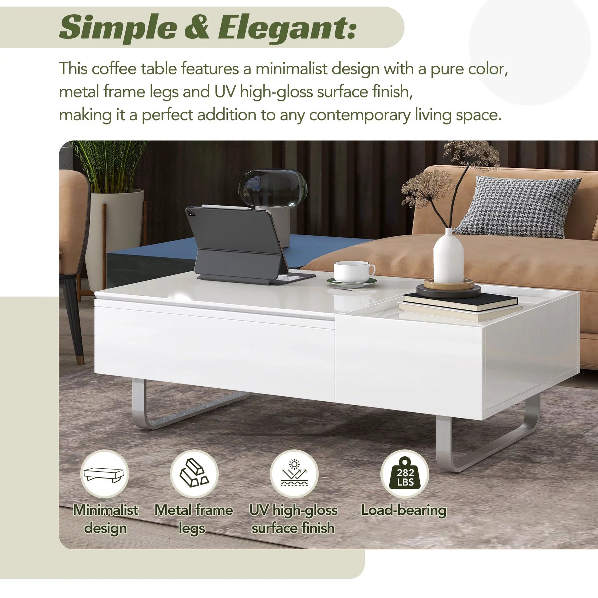 EUROCO Modern 45.3" Rectangle High-gloss Lift Top Coffee Table with Drawer,White