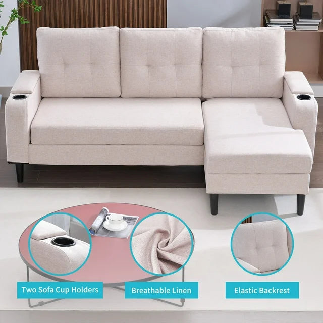 Puremind Sectional Sleeper Sofa with Pull Out Bed, Modern Sectional Sofa with Storage Chaise and Cup Holders, Pull Out Sofa Bed for Living Room, Beige Fabric
