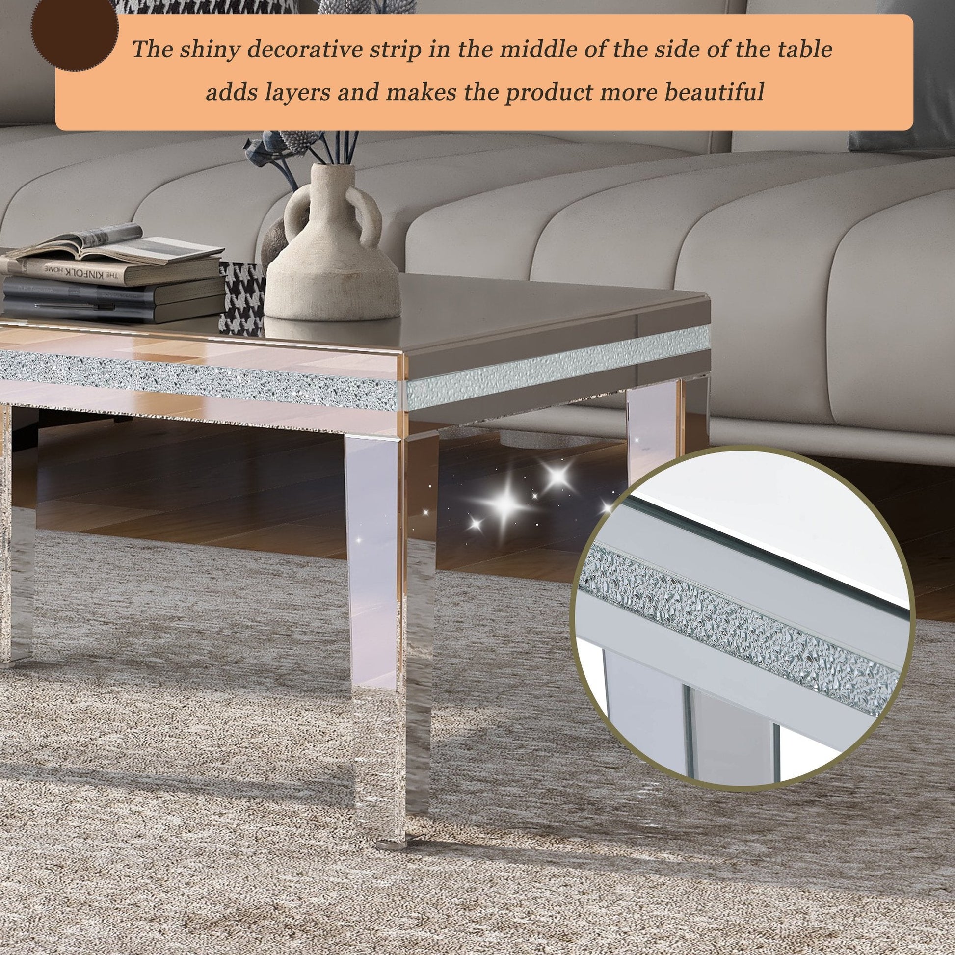 EUROCO 35.4” Mirrored Coffe Table with Adjustable Height Legs,Mirrored Cocktail Table Crystal Glass(Silver)
