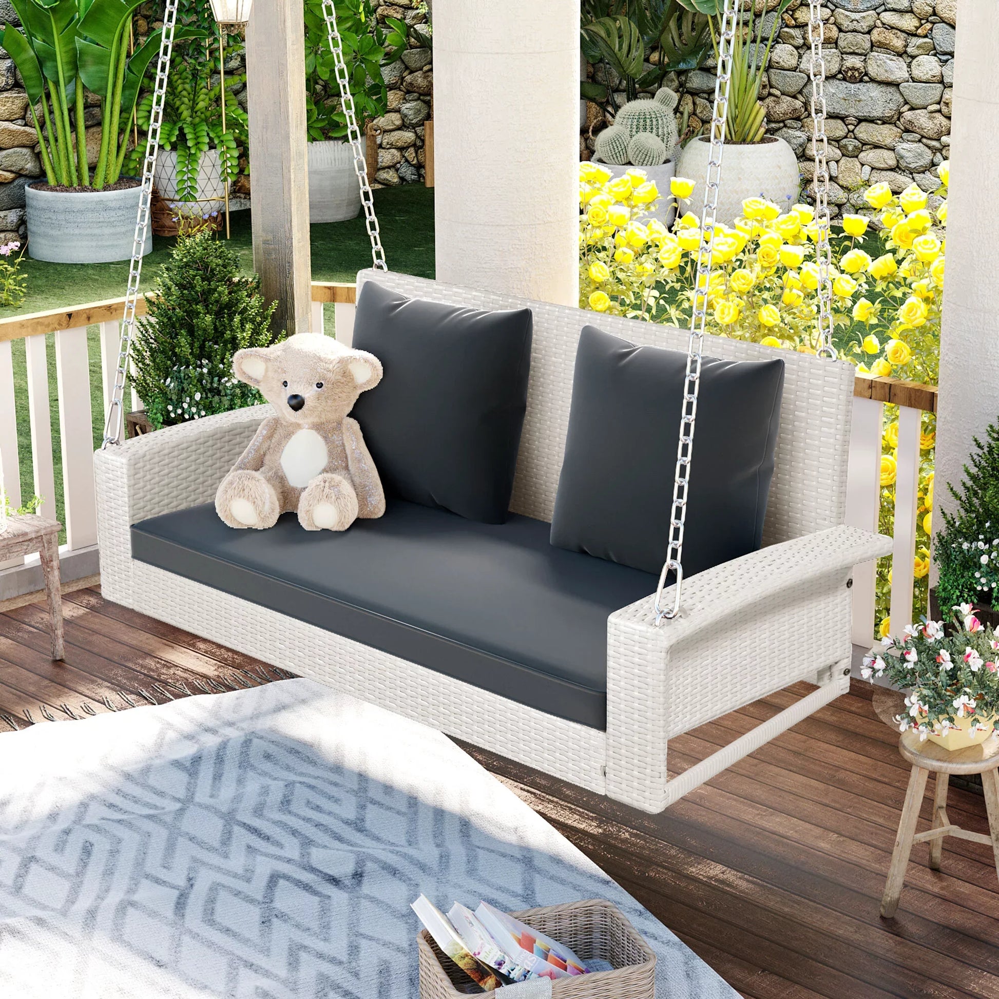 Euroco 2-Person Wicker Hanging Porch Swing with Chains, Cushion, Pillow, Rattan Swing Bench for Garden, Backyard, Pond, Gray