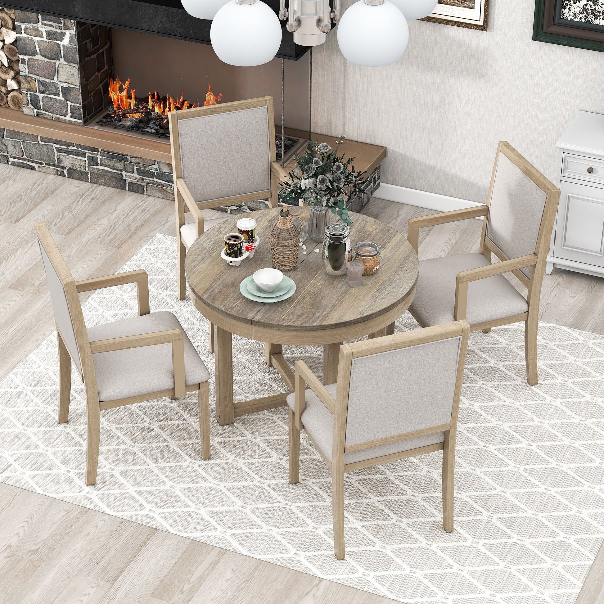 EUROCO 57.7" 5-Piece Dining Table Set with Extendable Butterfly Leaf,Two-Size Round To Oval Solid Wood Dining Table and 4 Upholstered Dining Chairs with Armrests,Natural Wood Wash