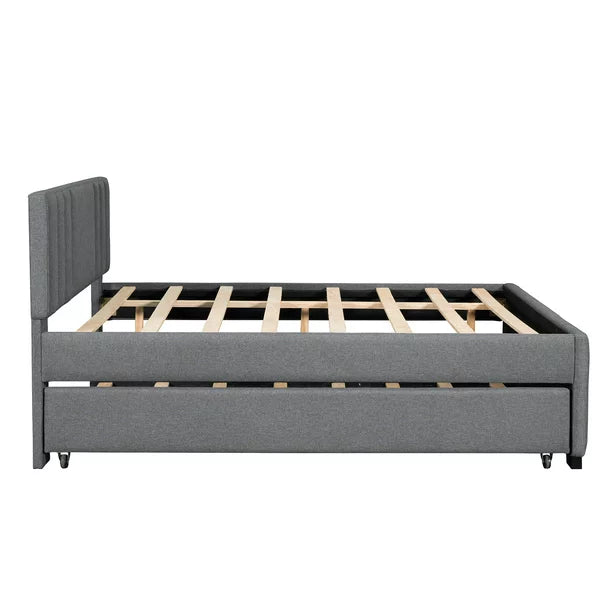 Euroco Full Size Upholstered Platform Bed with Trundle for Kids, Gray