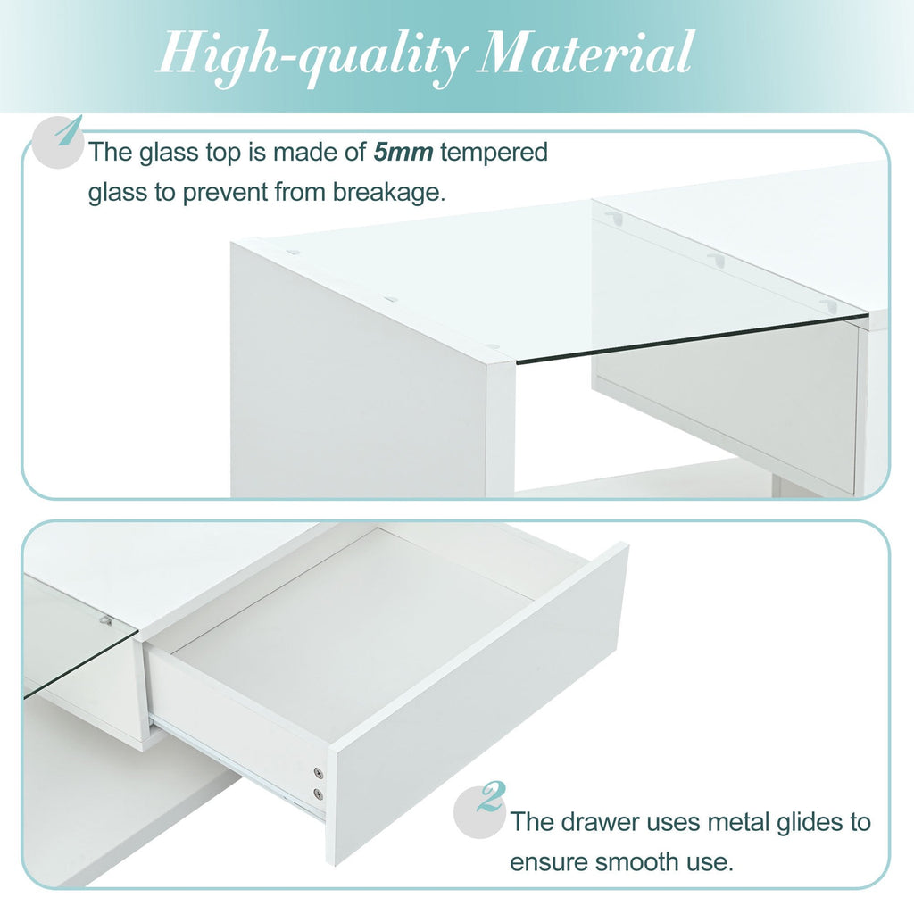 EUROCO 39.3" Coffee Table with Tempered Glass, Wooden Cocktail Table with High-gloss UV Surface, Modernist 2-Tier Rectangle Center Table for Living Room, White