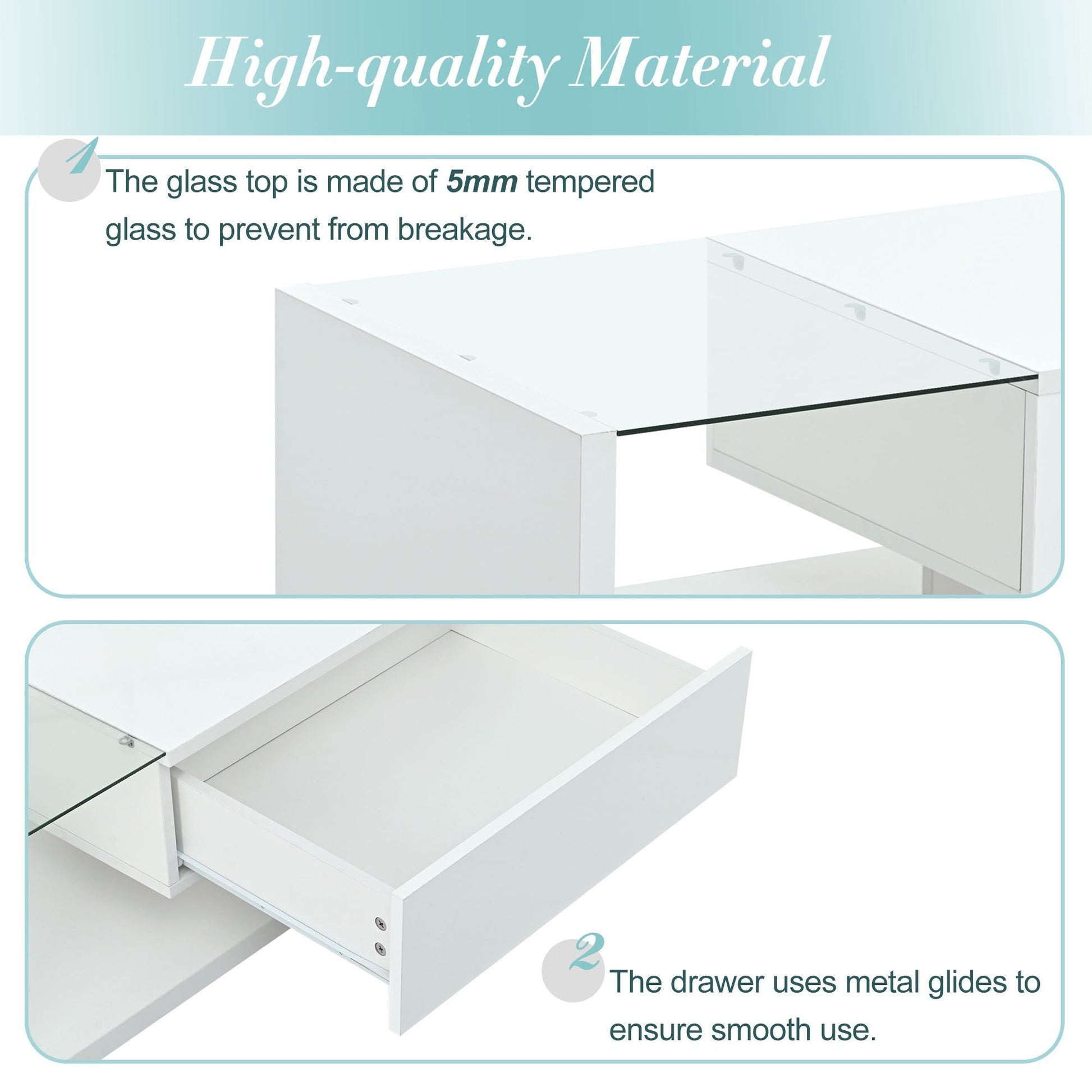 EUROCO 39.3" Coffee Table with Tempered Glass, Wooden Cocktail Table with High-gloss UV Surface, Modernist 2-Tier Rectangle Center Table for Living Room, White