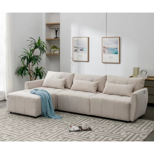 Euroco Convertible Sectional Sofa with Ottaman, L-Shaped Sofa with USB Port for Living Room, Beige, 113.3" L