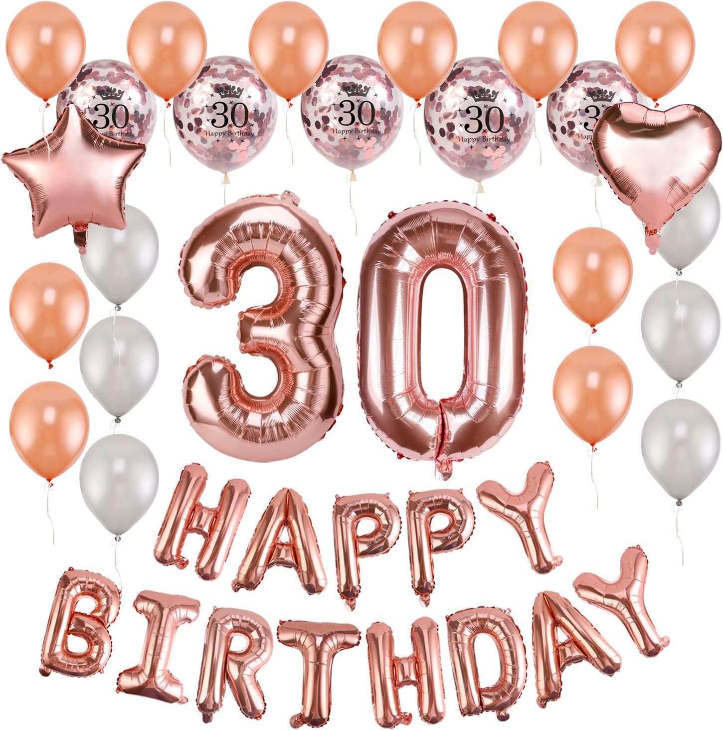 HOWAF Rose Gold 30th Birthday Decorations for Women and Girl Birthday Party Supplies 59 Pack with Happy Birthday Banner Hanging Swirl Confetti Latex Balloons Star Heart Foil Balloons