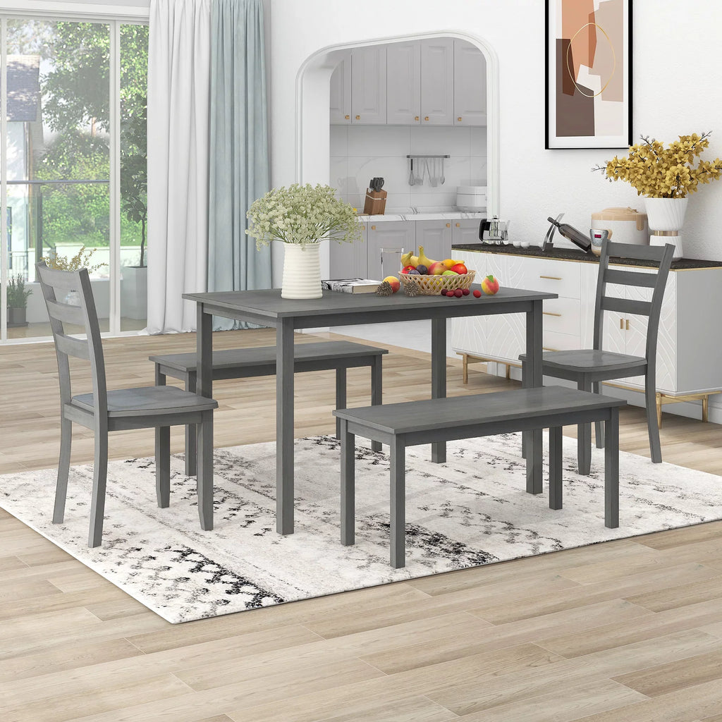 EUROCO 48" 5-Piece Dining Table Set,Solid Wood Kitchen Table with 2 Dining Chairs and 2 Benches,Gray