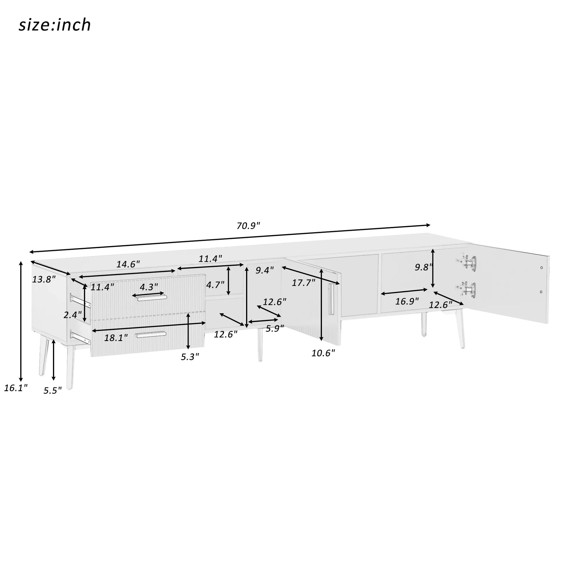 EUROCO Modern TV Stand with 2 Drawers & 3 Shelves & 2 Cabinets and 5 Champagne legs for TVs up to 77", Black