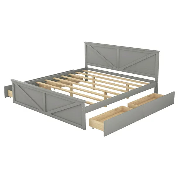 Pine Wood King Size Platform Bed with Four Storage Drawers for Living Room, Gray