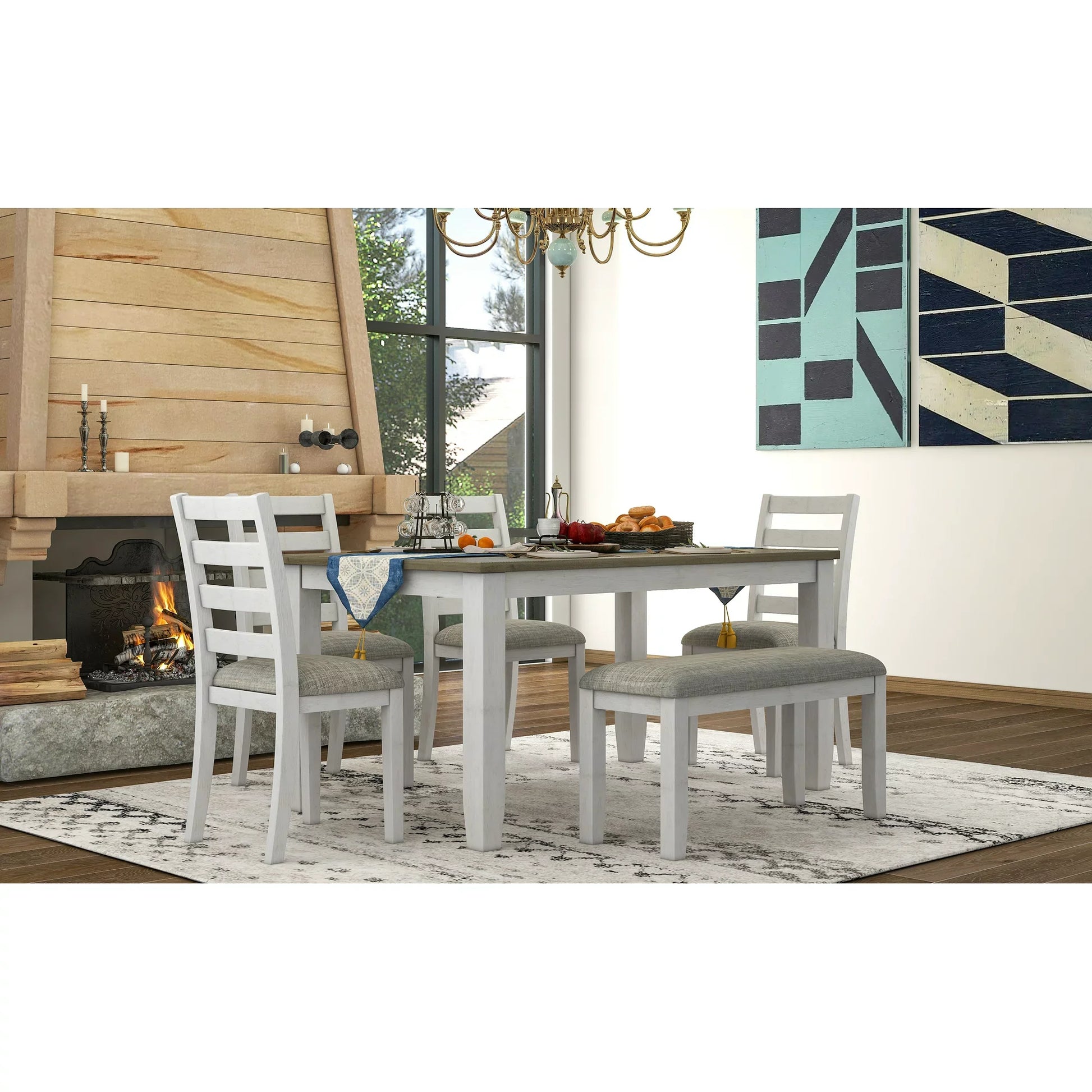 Euroco Rustic Style 6-Piece Dining Room Table Set with 4 Upholstered Chairs & a Bench (Brown + Whitewash)