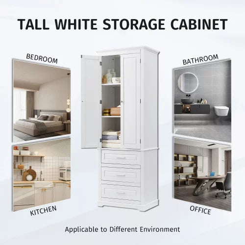 EUROCO 70" Bathroom Floor Tall Storage Cabinet,Kitchen Pantry, Farmhouse Pantry Cabinet with Glass 2 Doors & 3 Drawers and Adjustable Shelves,White