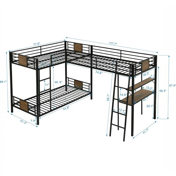 Euroco L-Shaped Twin over Twin Bunk Bed with Desk and Shelf for Kids Bedroom, Brown