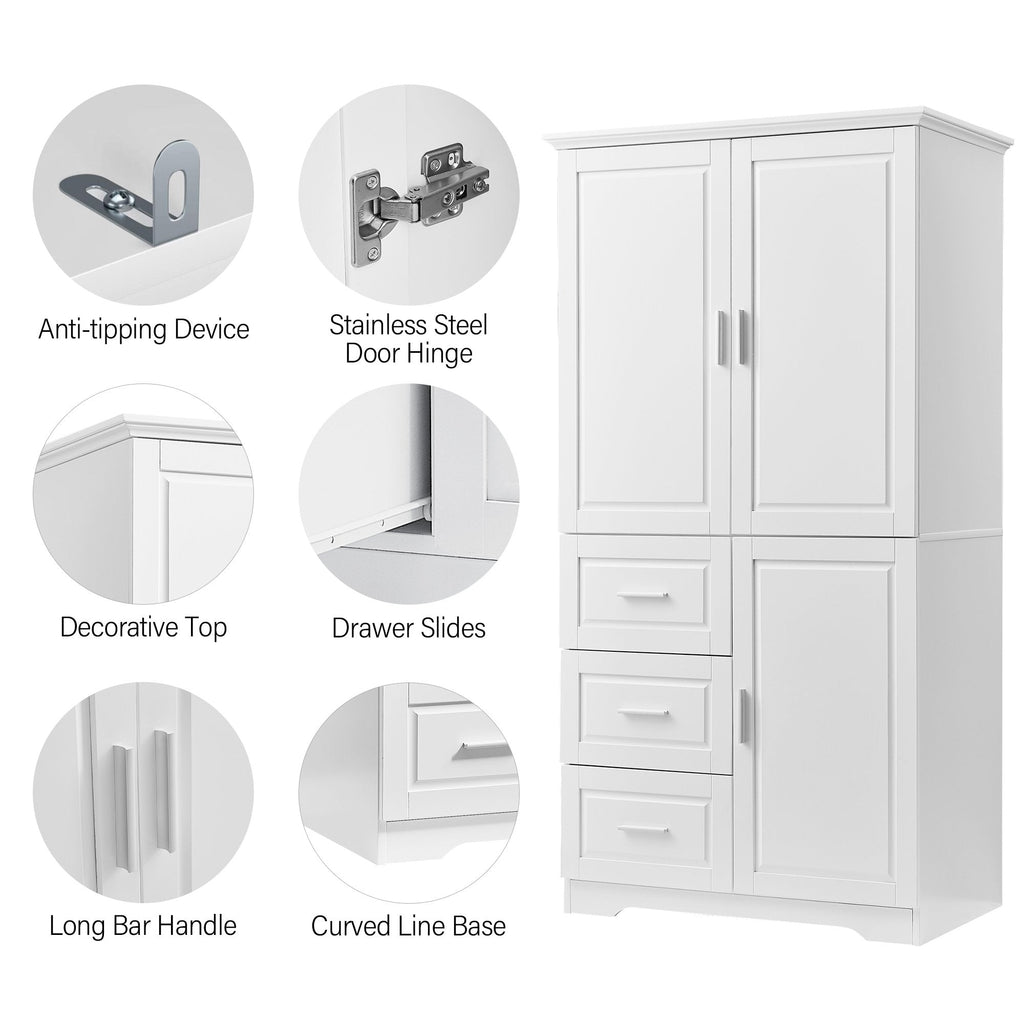 EUROCO 62.2" Bathroom Floor Tall Storage Cabinet,Kitchen Pantry, Farmhouse Pantry Cabinet with Glass 3 Doors & 3 Drawers and Adjustable Shelves,White