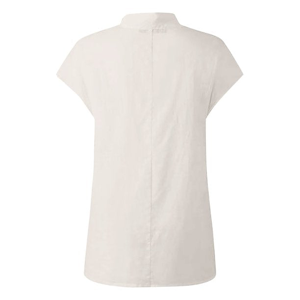 MIARHB Women's Solid Color Short Sleeve Open Button Pullover Shirt Mock Neck Casual Top, White, M