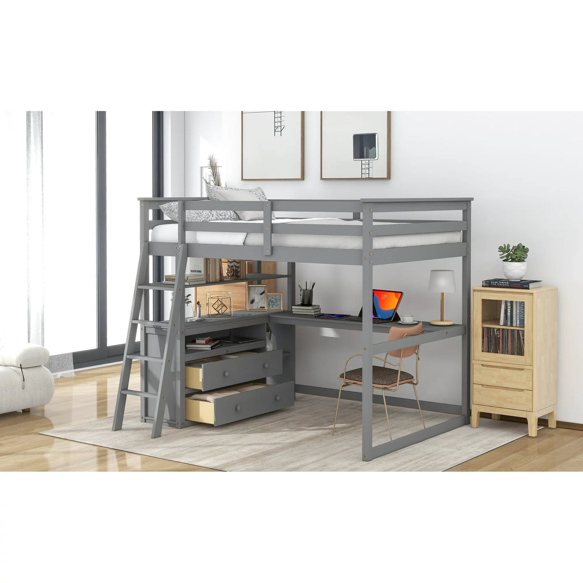 Full Wood Loft Bed with Desk and Cabinets for Kids, Gray