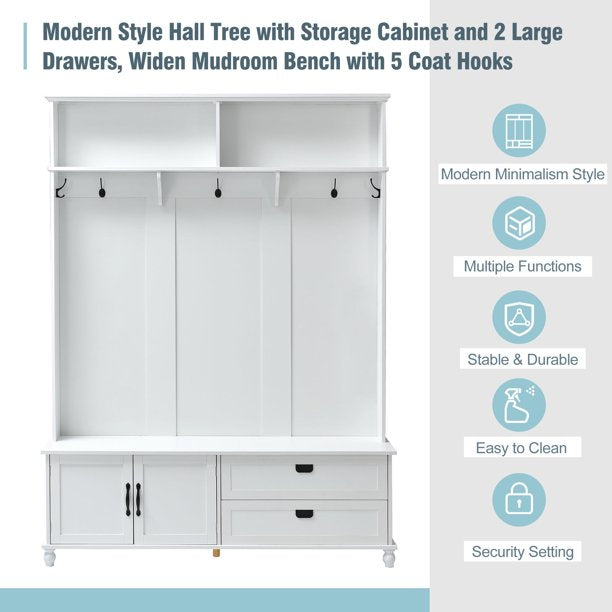 EUROCO 80.3" Large Entryway Hall Tree with Storage Bench and Coat Rack, 5 Hooks, 2 Large Drawers for Hallway Living Room Bedroom Home, White