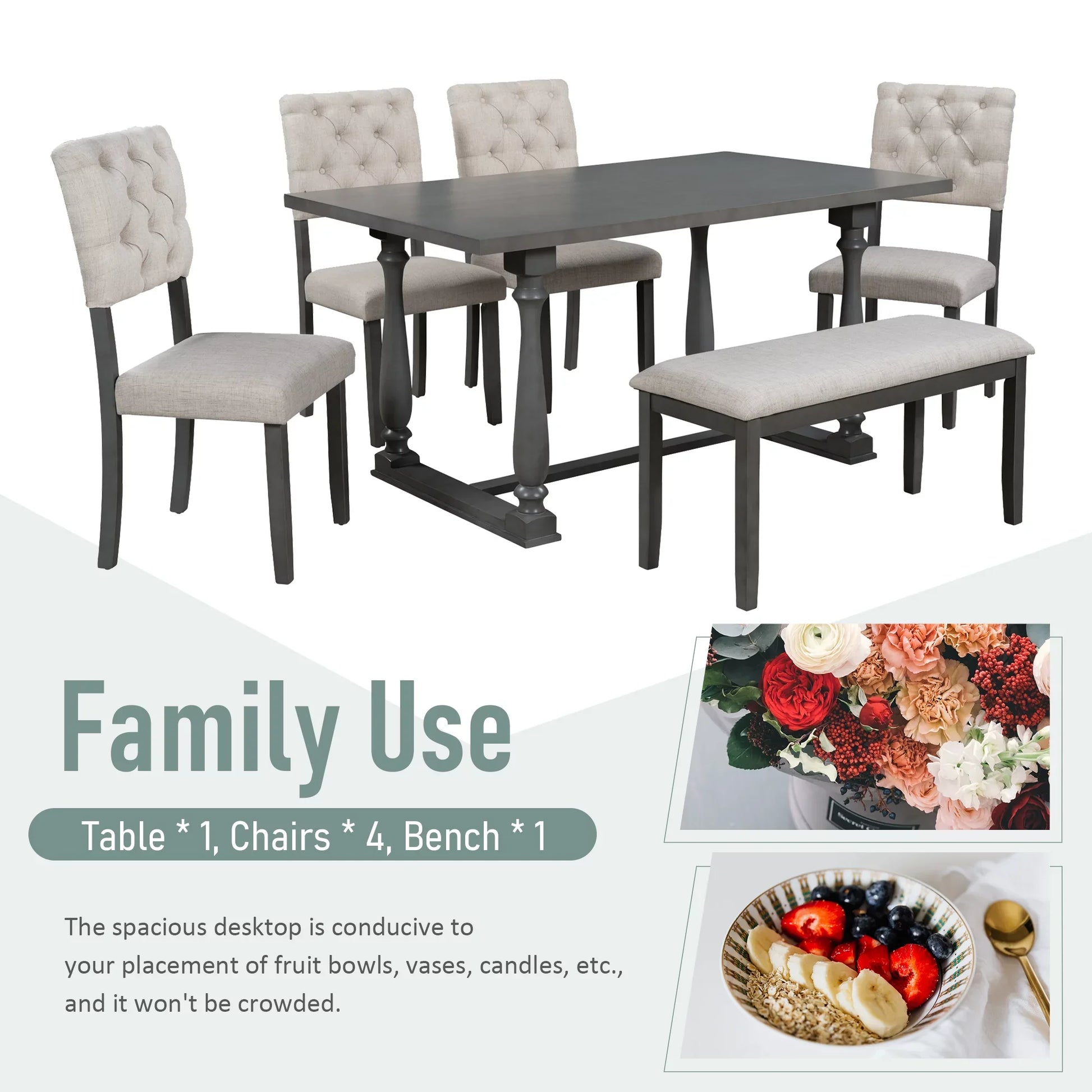 Euroco 6-Piece Dining Table and Chair Set with Special-shaped Legs and Foam-covered Seat Backs&Cushions for Dining Room (Gary)