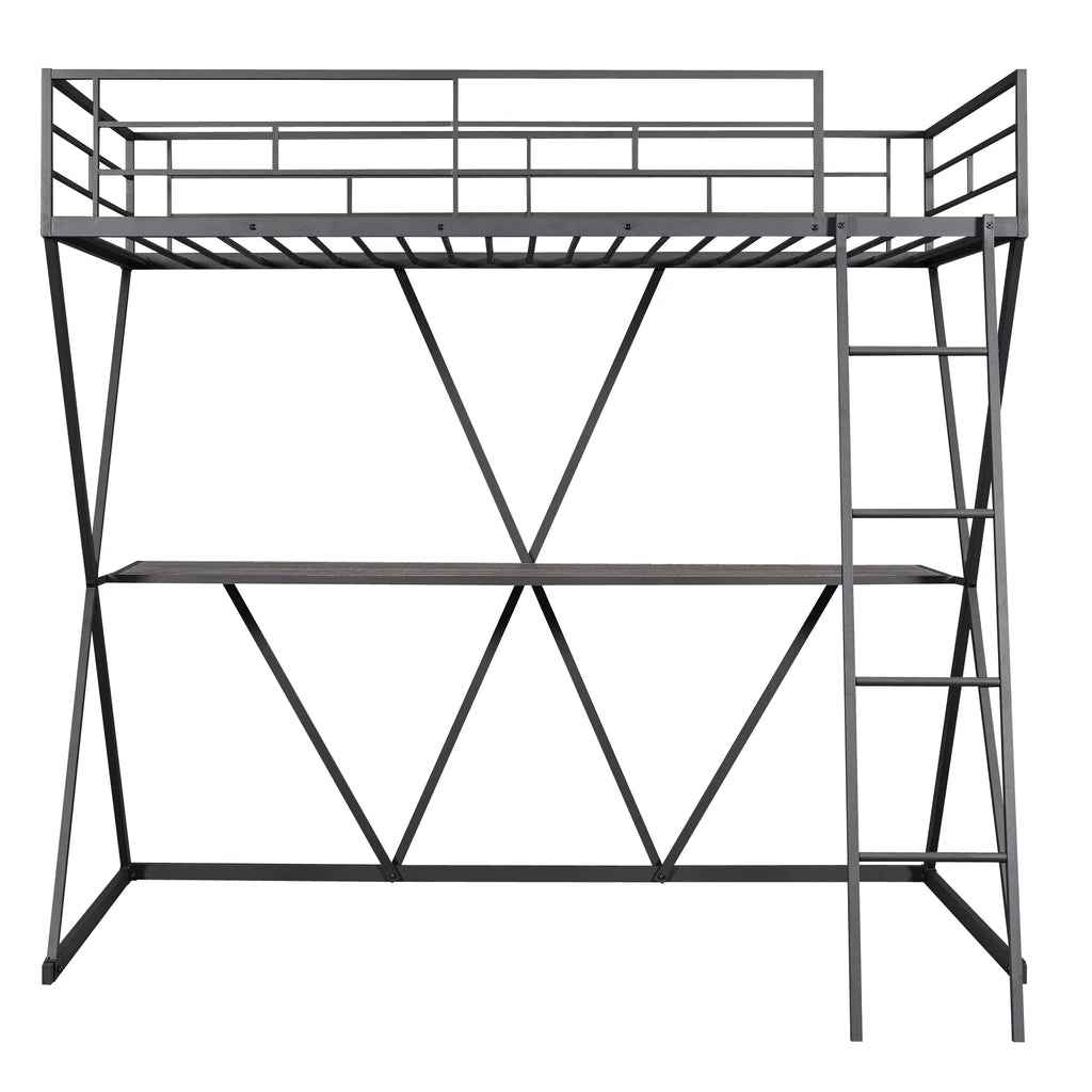 Euroco Steel Twin Loft Bed with Desk and Ladder, X-Shaped Frame, Black