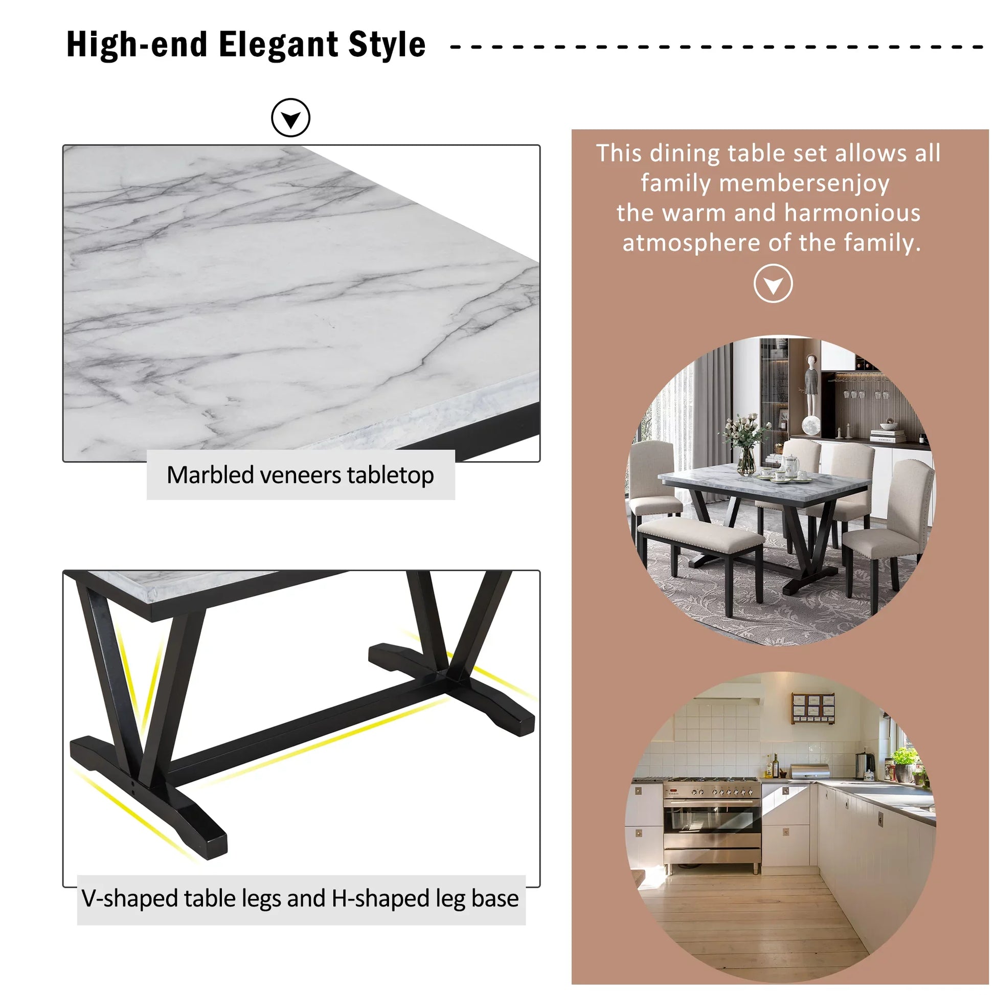 EUROCO 6 Piece Kitchen Dining Table and Chair Set,60” Dining Room Table Set with Marbled Veneers Tabletop,V-shaped Table Legs,4 Fabric Chairs and 1 Fabric Bench,Rectangle Dining Table Set for 6