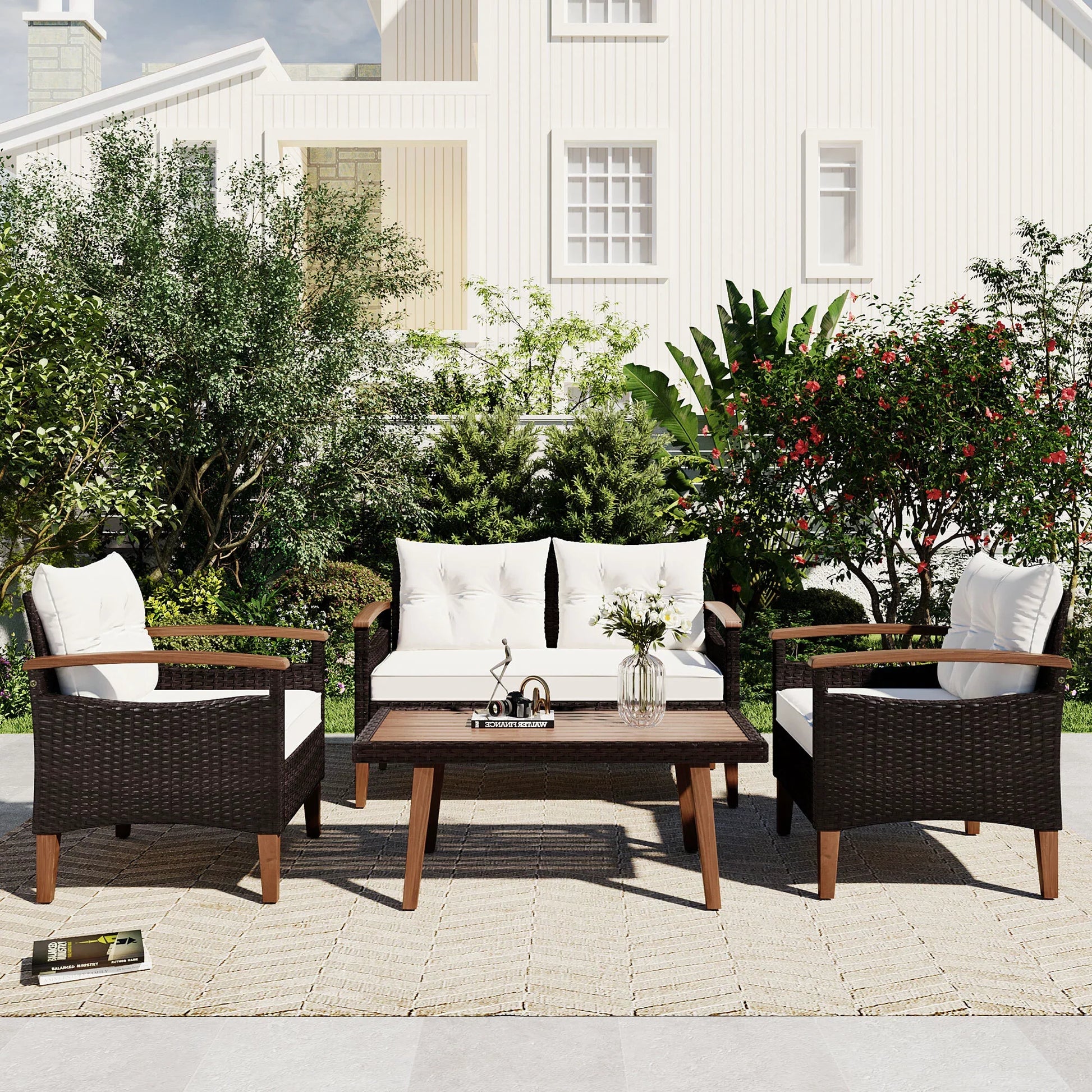 Euroco 4 Piece Conversation Set, Patio Seating Set with Wood End Table, PE Rattan Outdoor Sofa Set, Beige