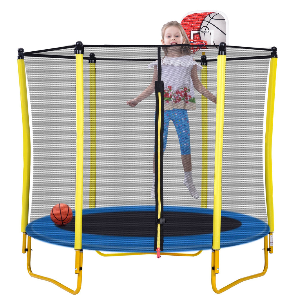 EUROCO 220LBS 5.5FT Trampoline for Kids - 65" Outdoor & Indoor Mini Toddler Trampoline with Enclosure, Basketball Hoop and Ball Included