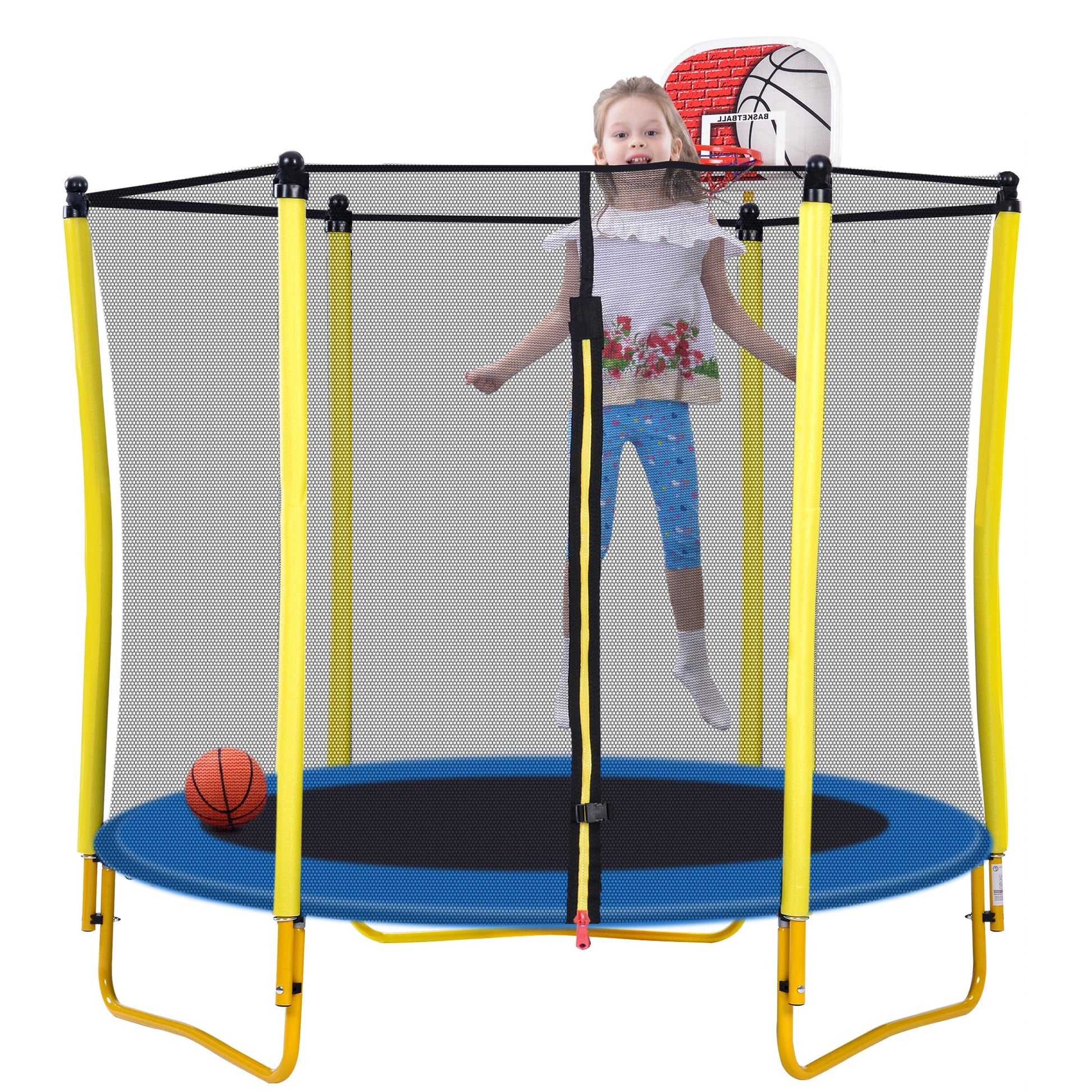 EUROCO 220LBS 5.5FT Trampoline for Kids - 65" Outdoor & Indoor Mini Toddler Trampoline with Enclosure, Basketball Hoop and Ball Included