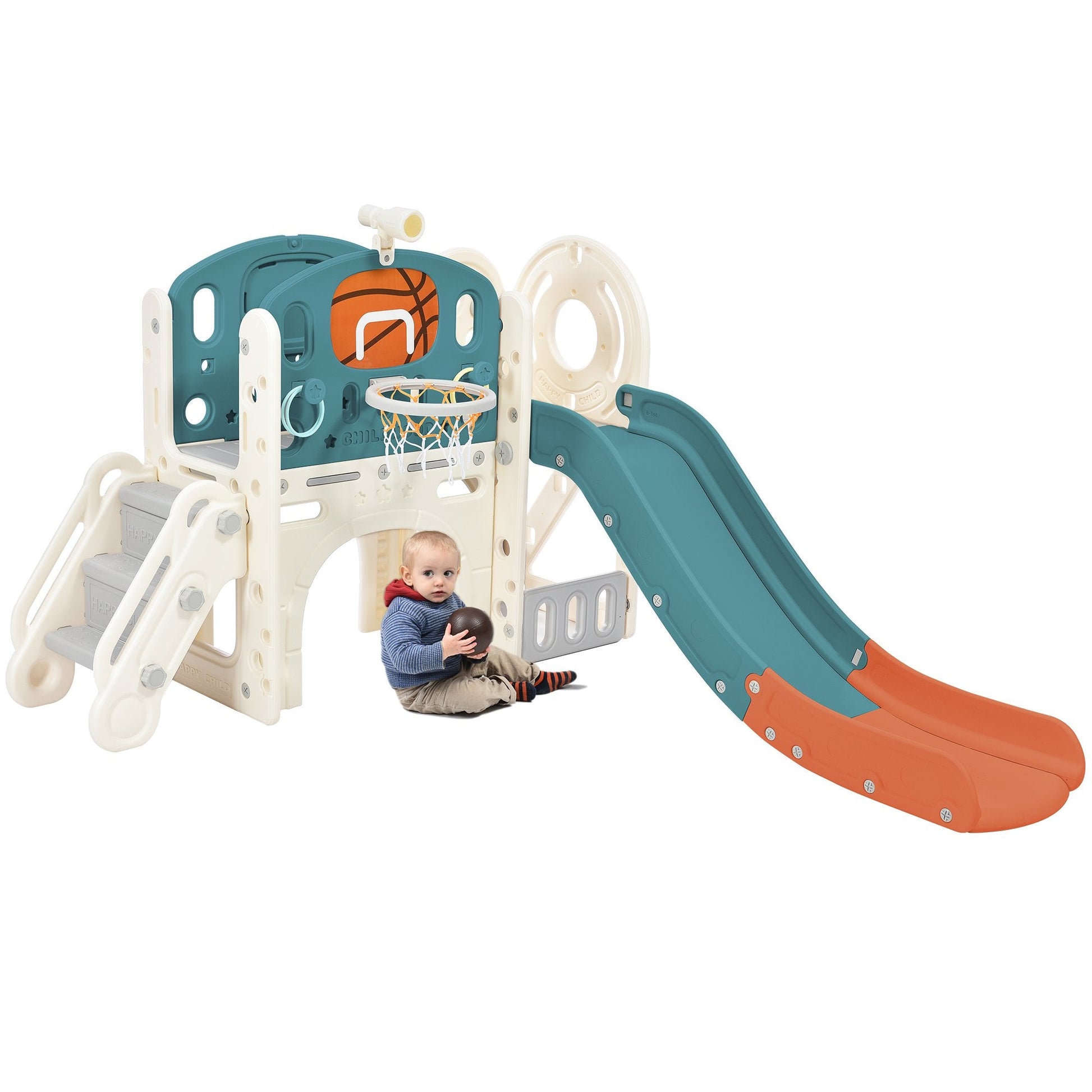 EUROCO Kids Slide Playset Structure, Freestanding Castle Climbing Crawling Playhouse with Slide, Arch Tunnel, Ring Toss, and Basketball Hoop, Toy Storage Organizer for Toddler