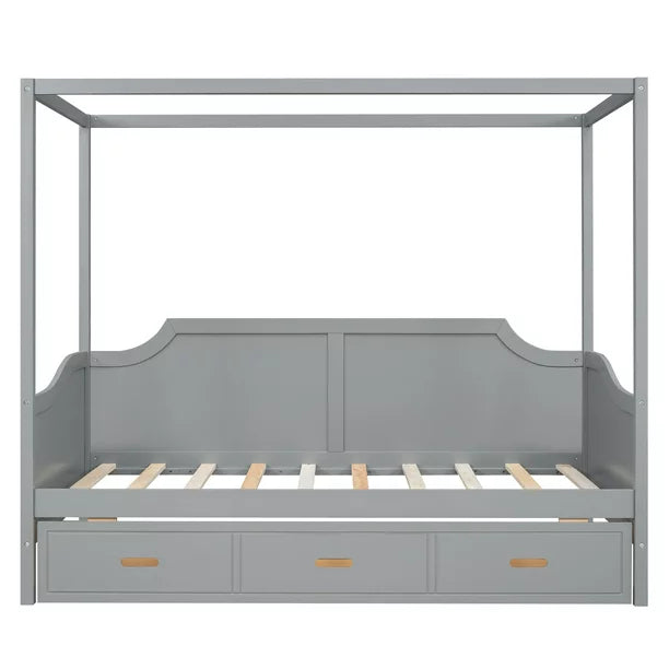 Twin Size Canopy Daybed with 3 in 1 Drawer and Slat Support Leg for Kids Bedroom, Gray