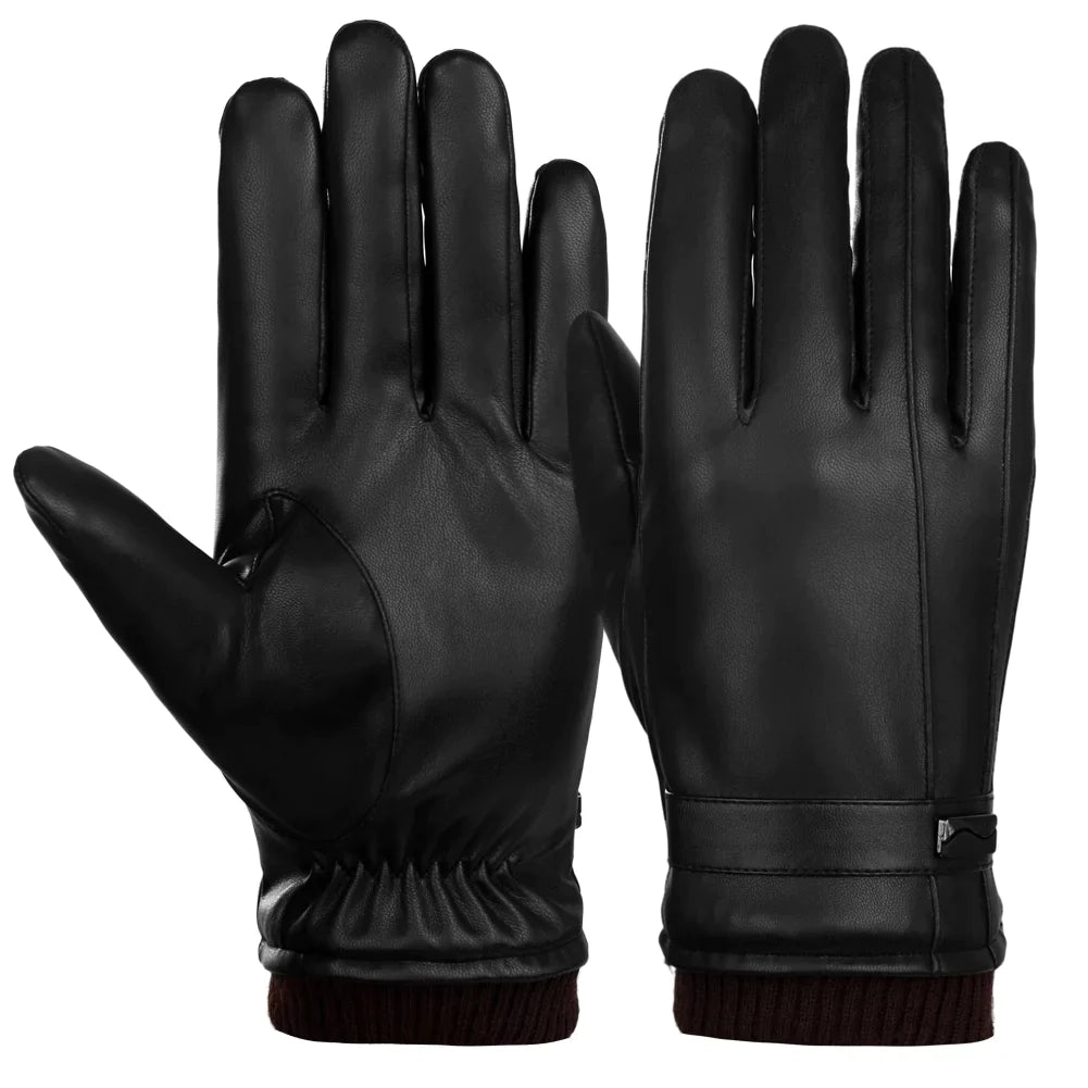 Men Leather Gloves, Warm Winter Gloves for Men Adults Anti-slip Touchscreen Gloves PU Leather Windproof Cold Weather Gloves, Black & XL