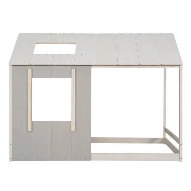 Wood Twin Classic House Platform Bed with Roof and Window for Kids, Gray