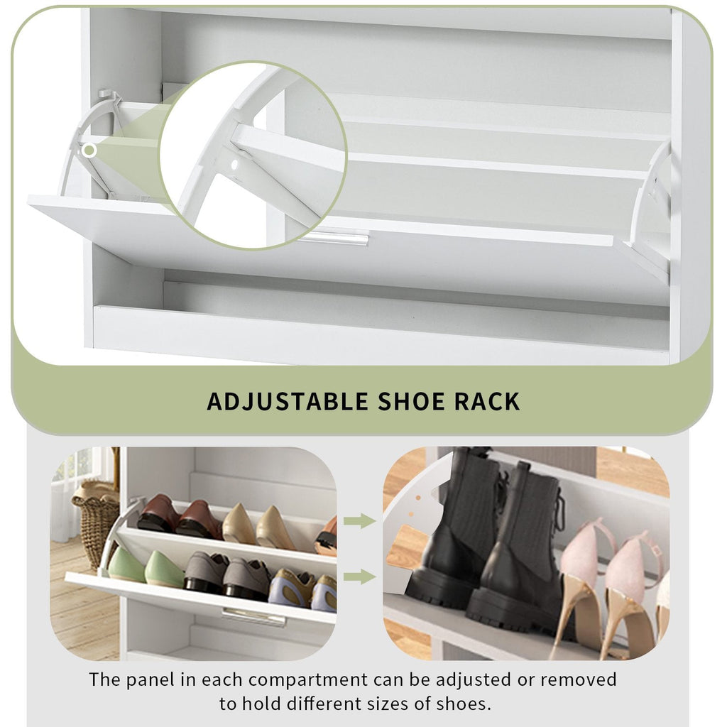 EUROCO Shoe Rack Slim Entryway Organizer with 2 Flip Drawers,Shoe Storage Cabinet with Drawer and Tempered Glass Top,Free Standing Shoe Rack with LED Light for Hallway, White