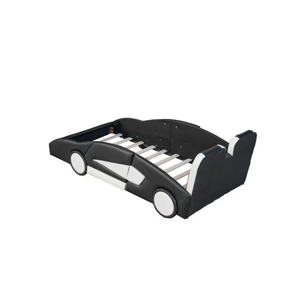 Modern Wood Race Car-Shaped Twin Platform Bed for Kids’ Bedroom, Black