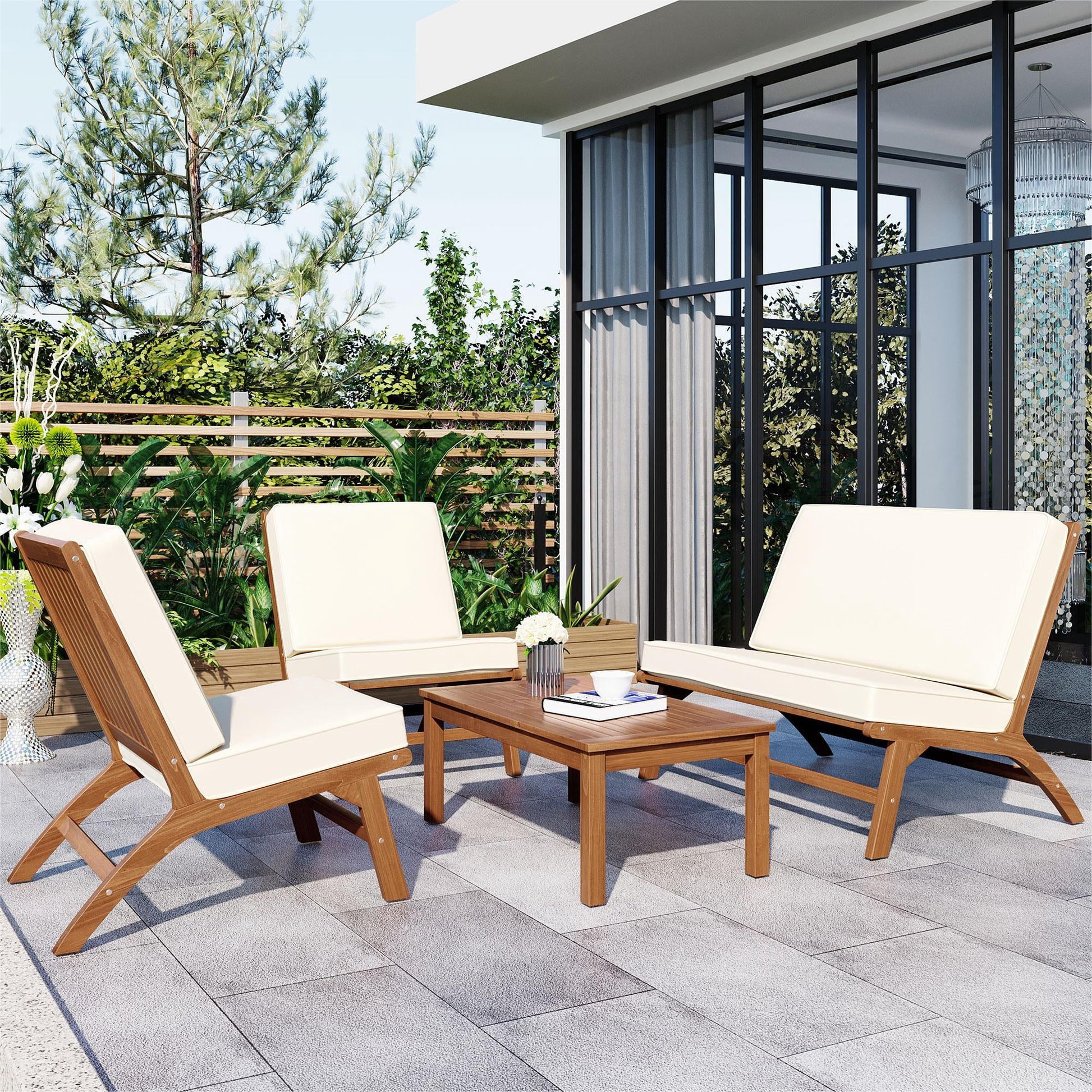 Euroco 4 Pieces Patio Seating Set with End Table, Acacia Solid Wood Outdoor Sofa, Outdoor Seating Set for 4, Beige