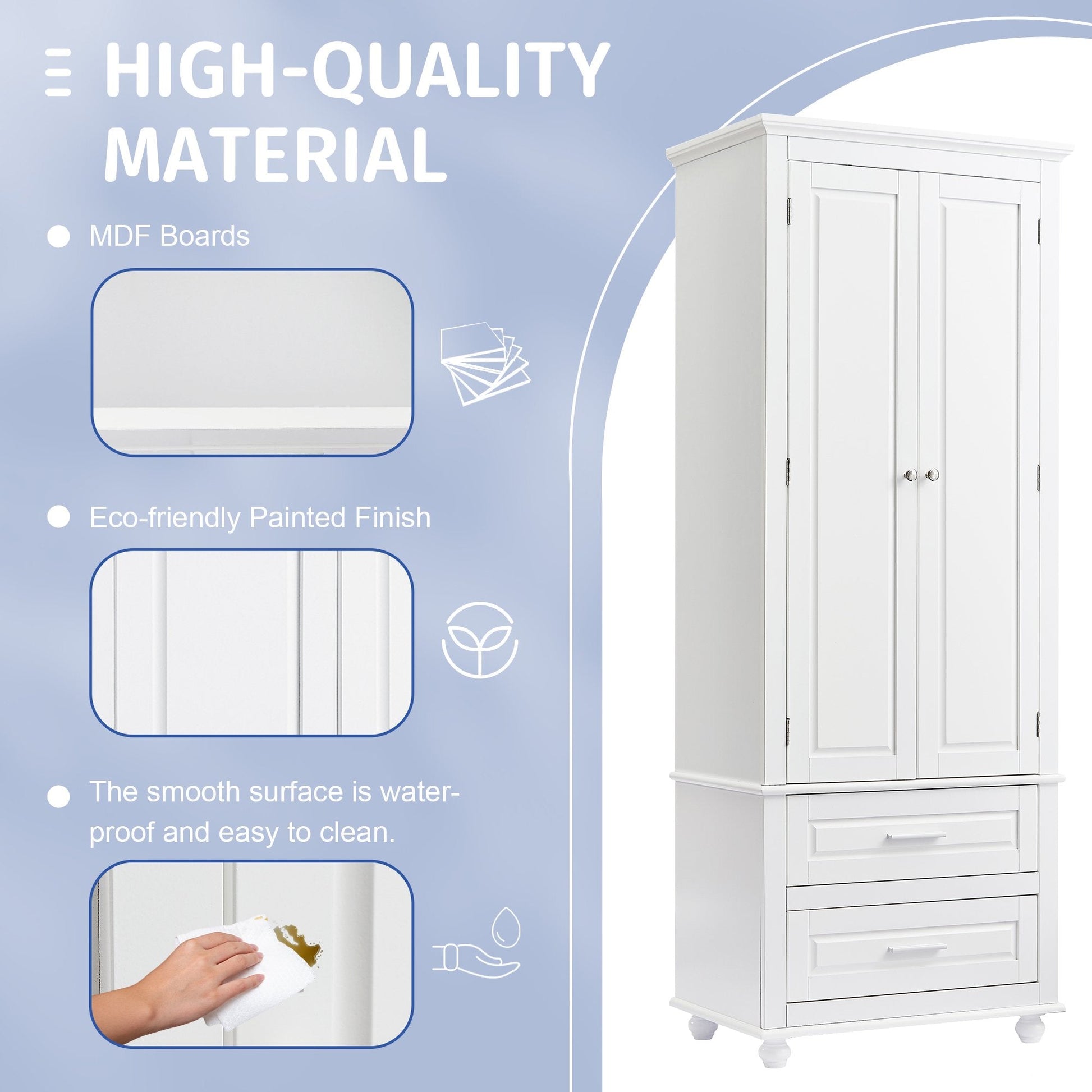 EUROCO 70" Bathroom Floor Tall Storage Cabinet,Kitchen Pantry, Farmhouse Pantry Cabinet with Glass 2 Doors & 2 Drawers and Adjustable Shelve,White