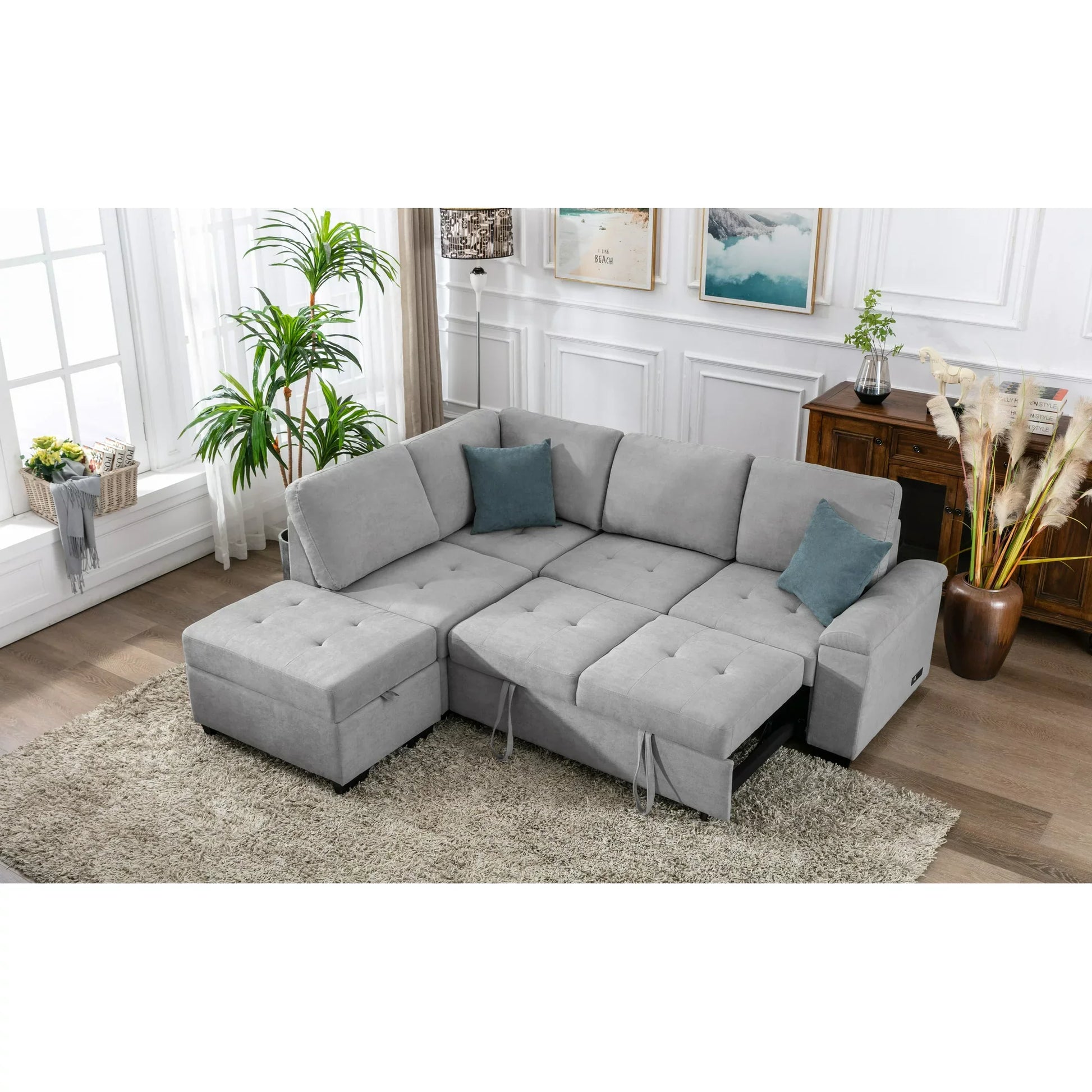 Euroco L-Shape Sofa Bed with Storage Ottoman and Hidden Arm Storage, Sectional Sofa Sleeper with USB Port for Living Room Apartment, Gray