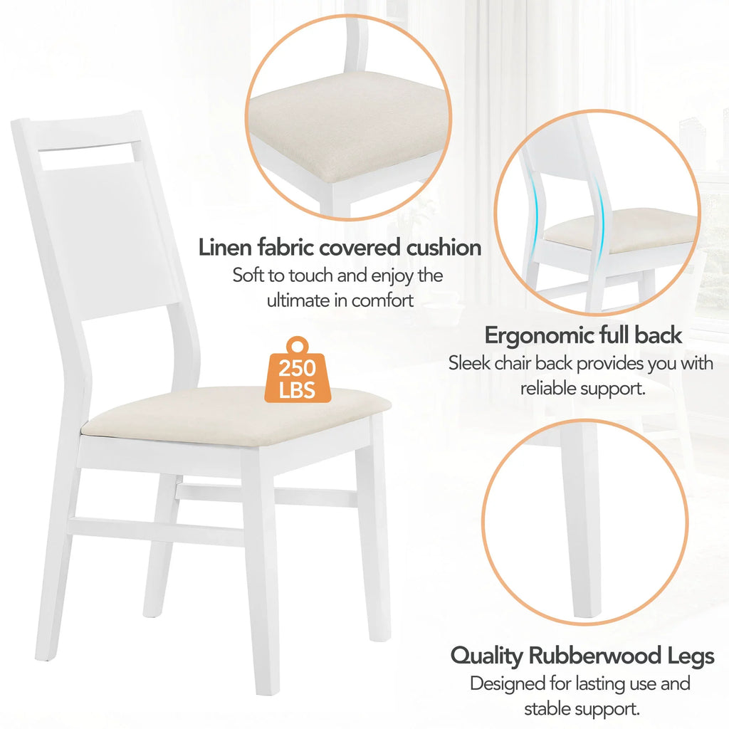 Farmhouse 6-Piece 59" Wood Dining Table Set with 4 Upholstered Chairs and Bench, White