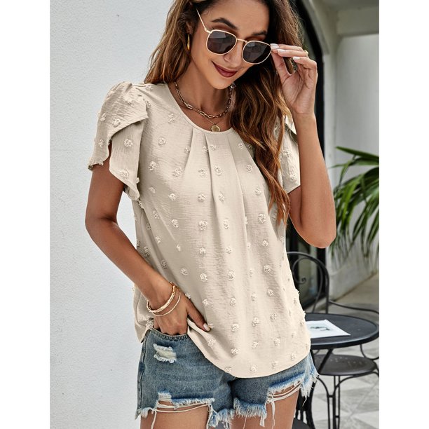 Clearance!Pouf Blouse Women Tops OTEMRCLOC Women's O-neck Short Sleeve Loose Casual Shirt Top Beige S