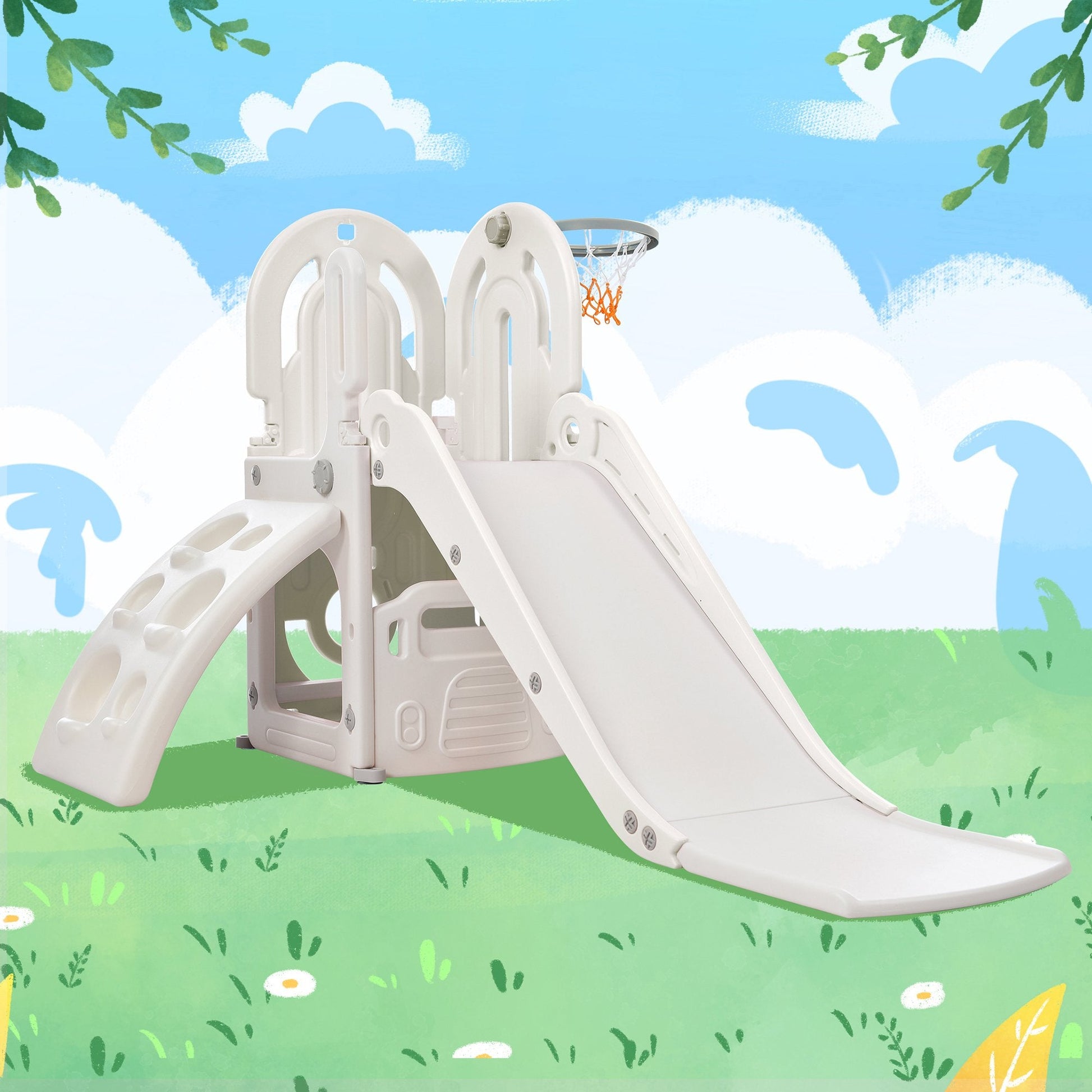 EUROCO 4 in 1 Toddler Slide and Climb Set,Kids Playground Climber Slide Playset with Basketball Hoop Play Freestanding Combination, Indoor & Outdoor Toys for Kids Teens Boys Girls,Gray